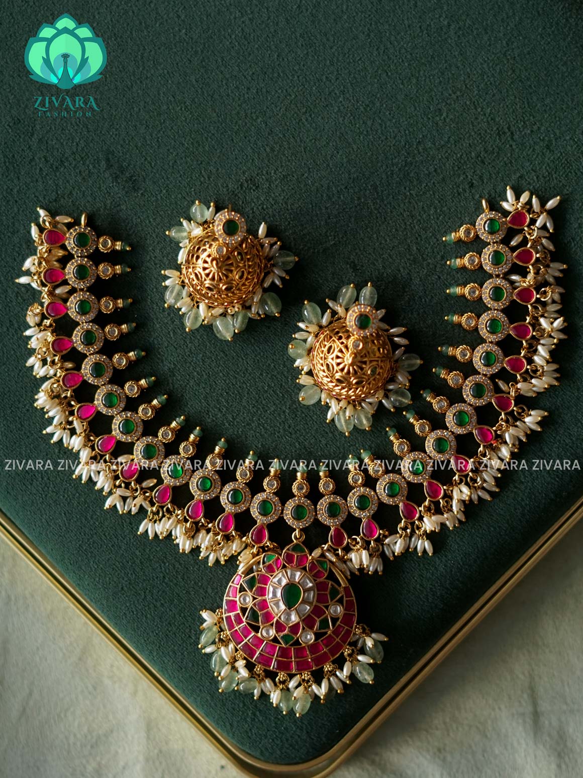 JADAU TEAR with green beads  -Traditional south indian premium neckwear with earrings- Zivara Fashion- latest jewellery design