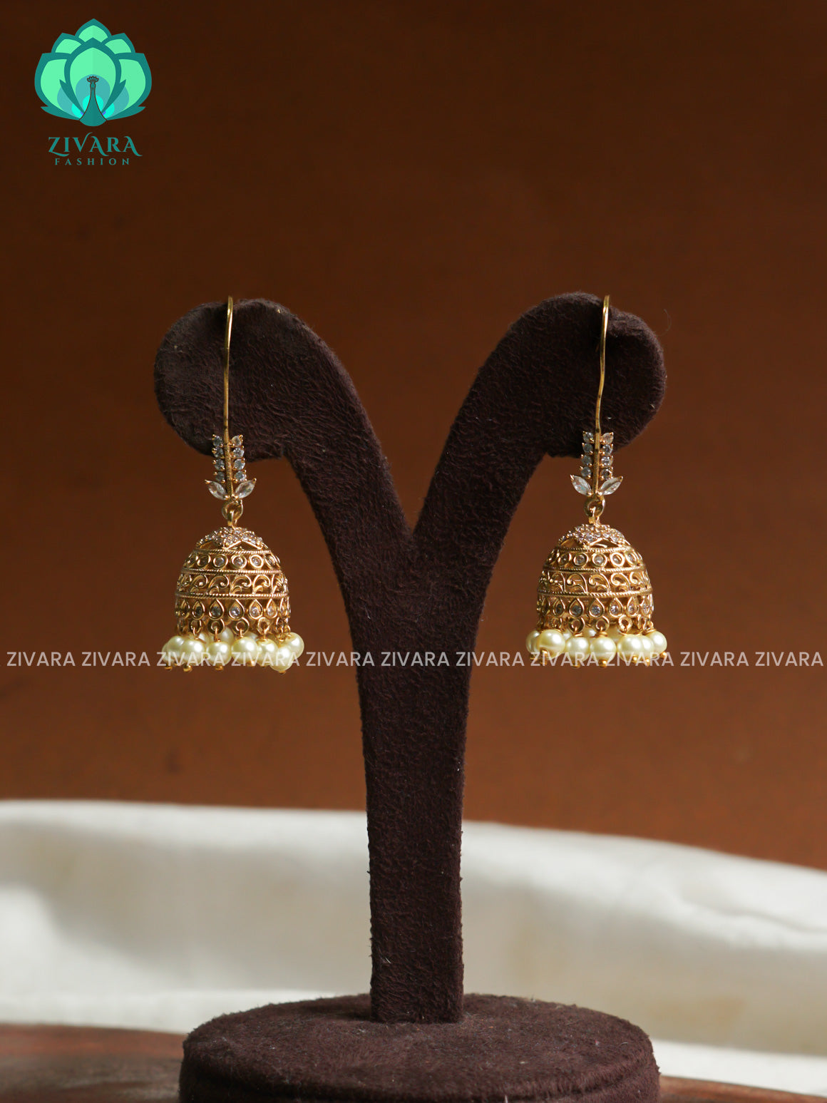 white  stone hook type - TRADITIONAL PREMIUM MATTE  polish JHUMKA- latest jewellery collection- zivara fashion