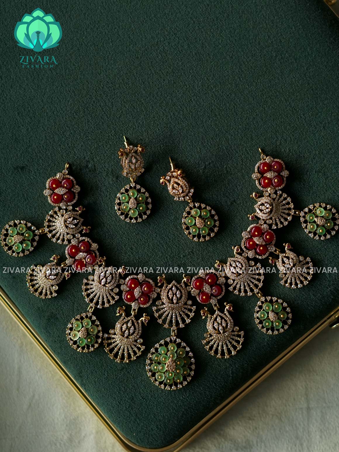 AKSHAYAM -  PEACOCK RUBY GREEN BEADS BRIDAL ENCHANTING -premium neckwear with earrings- Zivara Fashion- latest jewellery design