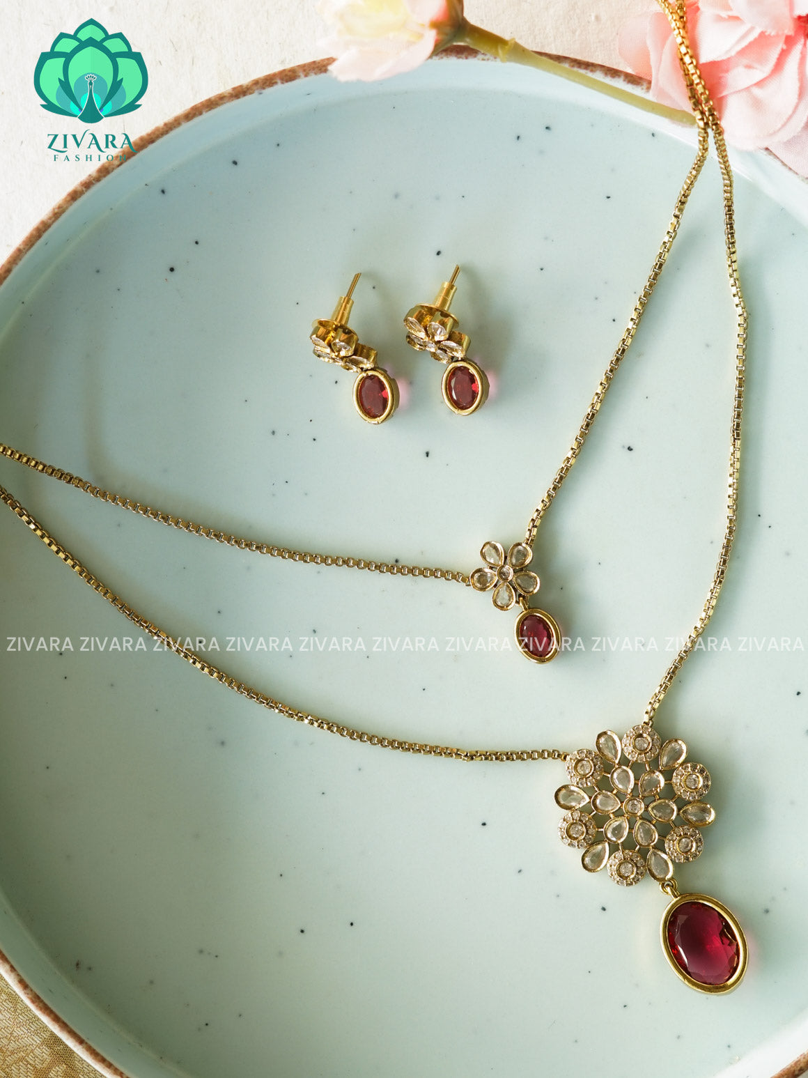 RUBY - DOUBLE LAYER FLOWER THIN OVAL CHAIN  -Traditional south indian premium neckwear with earrings- Zivara Fashion- latest jewellery design