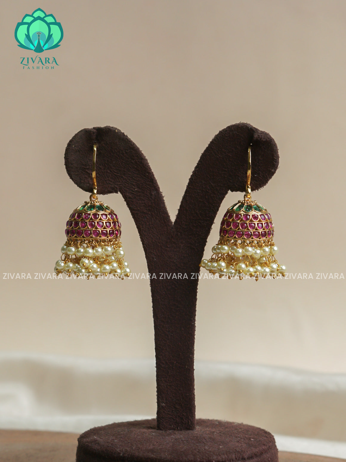 RUBY  AND GREEN stone hook type - TRADITIONAL PREMIUM MATTE  polish JHUMKA- latest jewellery collection- zivara fashion