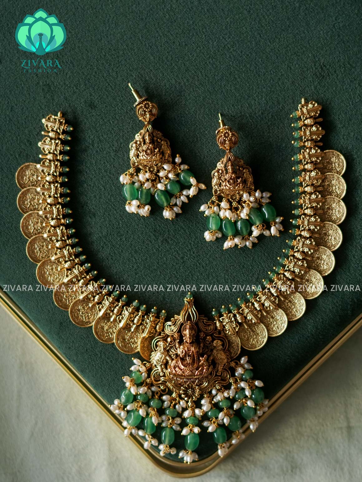 TEMPLE COIN WITH GREEN BEADS BRIDAL - Traditional PREMIUM MATTE polish neckwear with earrings- Zivara Fashion