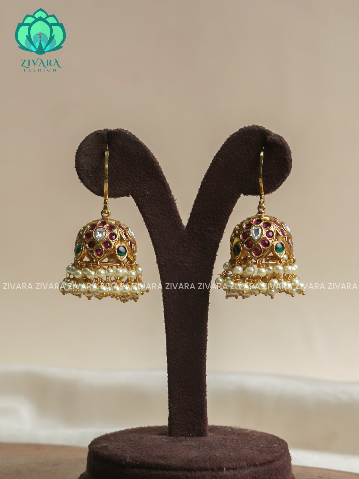 RUBY  AND GREEN stone hook type - TRADITIONAL PREMIUM MATTE  polish JHUMKA- latest jewellery collection- zivara fashion