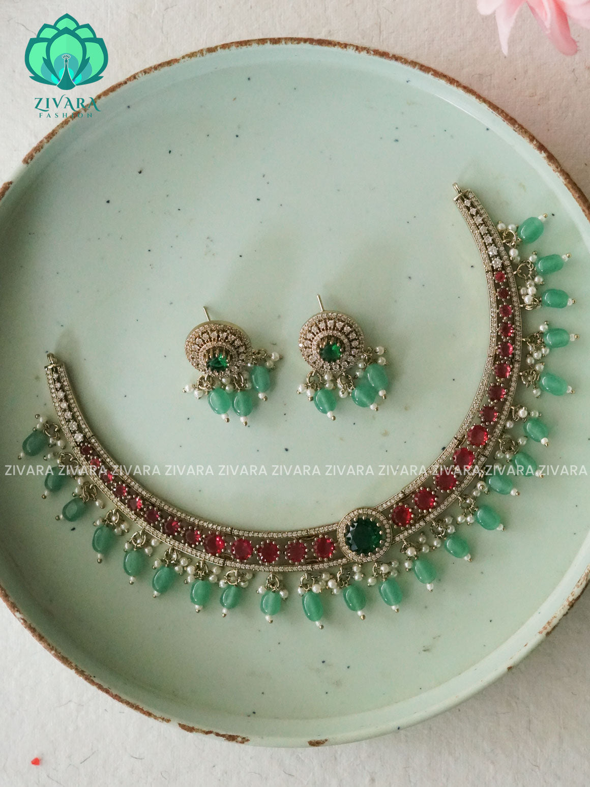 GREEN BEADS HEAVY REAL KEMP  BRIDAL NECKWARE -Traditional south indian premium neckwear with earrings- Zivara Fashion- latest jewellery design.