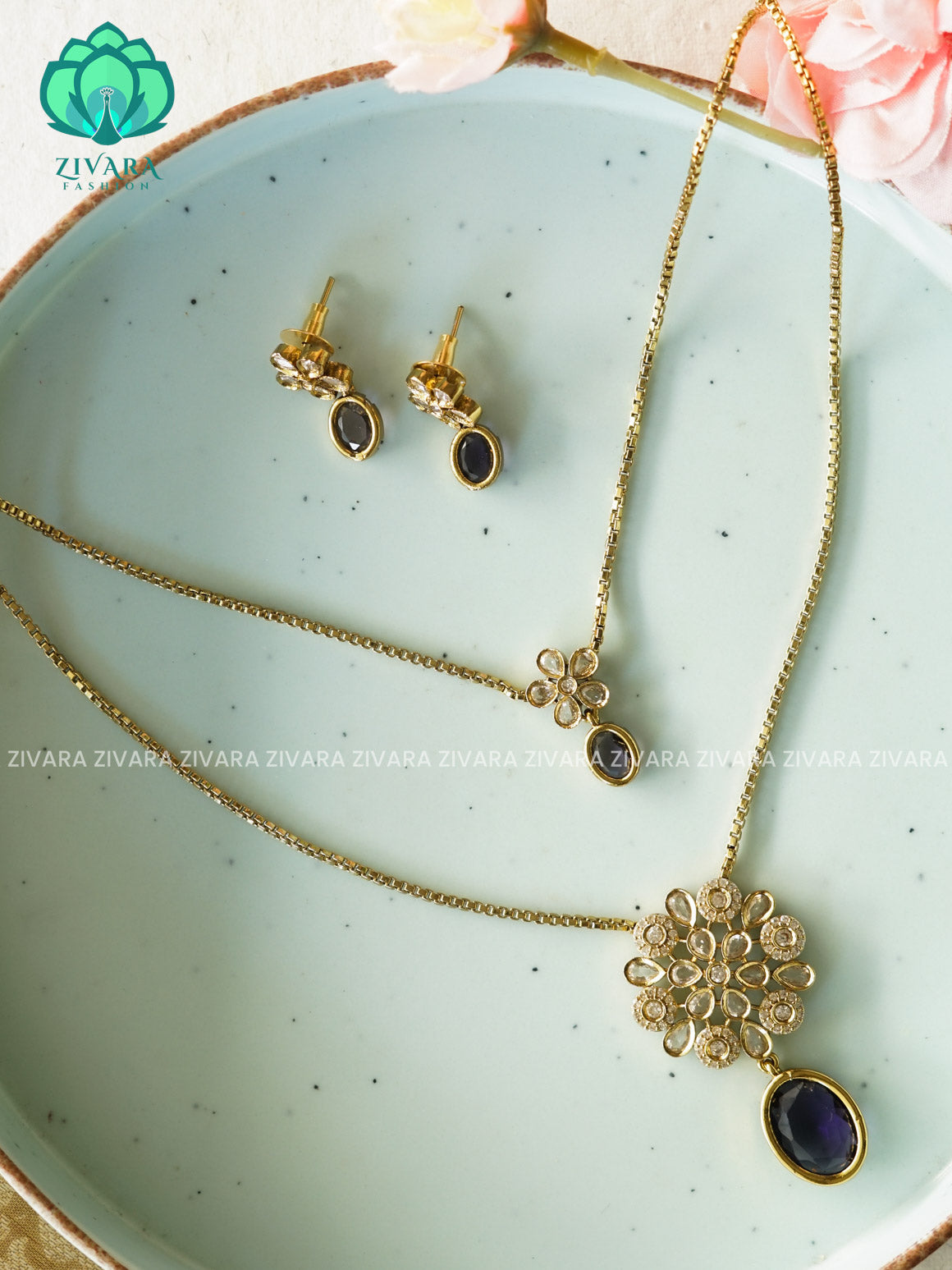 PURPLE - DOUBLE LAYER FLOWER THIN OVAL CHAIN  -Traditional south indian premium neckwear with earrings- Zivara Fashion- latest jewellery design