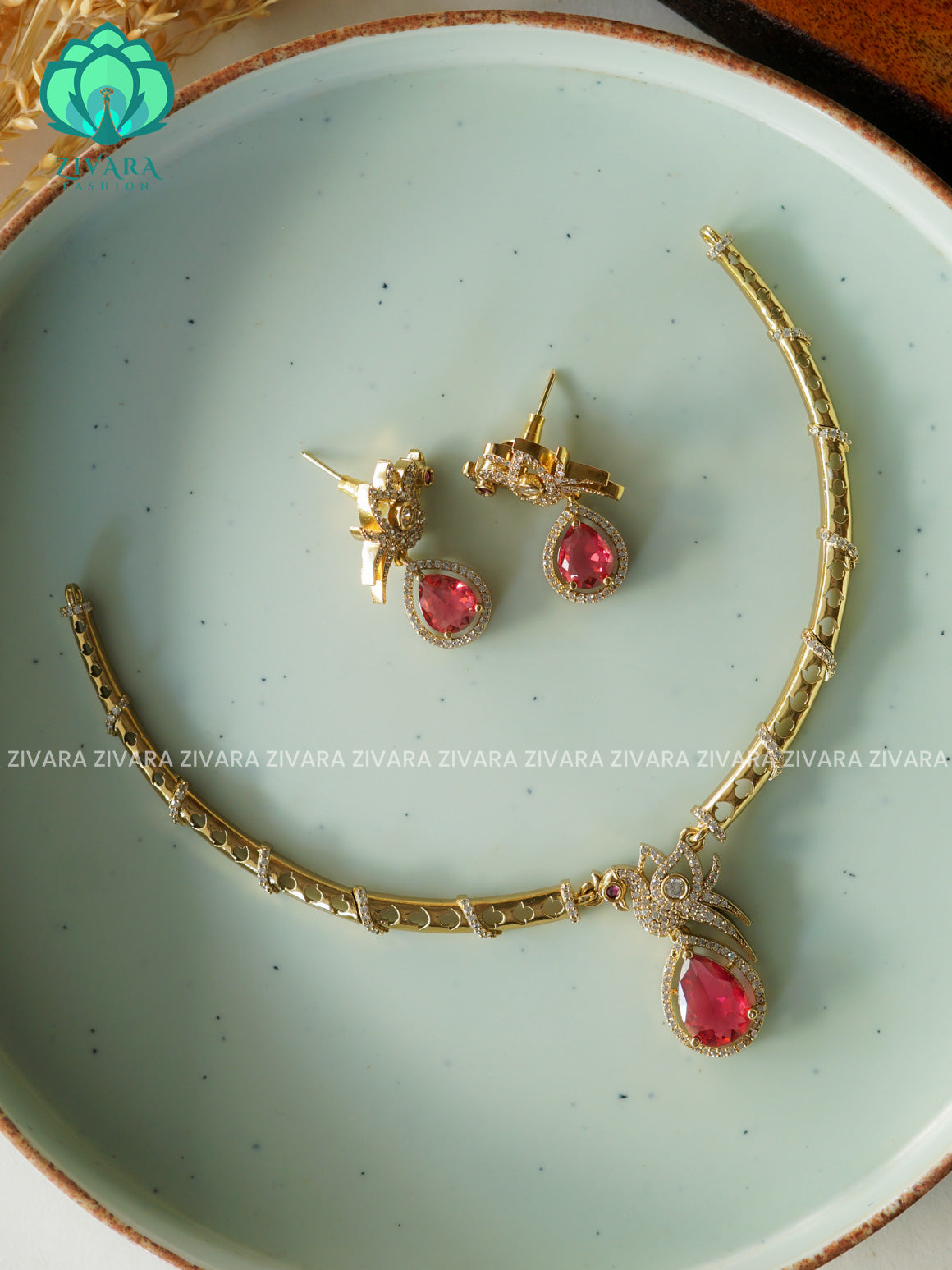 Ruby Simple parrot hasli - Traditional south indian premium neckwear with earrings- Zivara Fashion- latest jewellery design