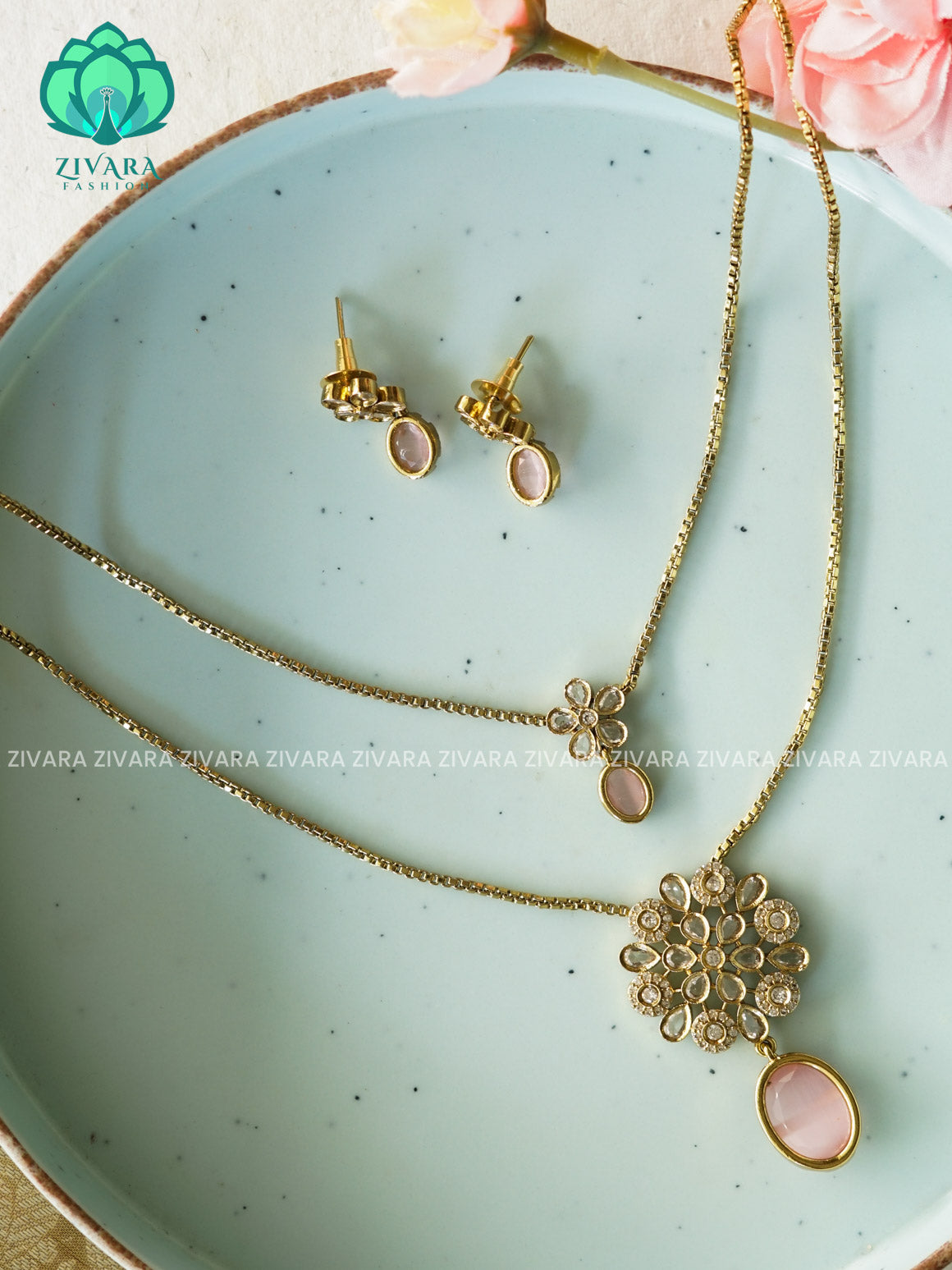 PASTEL PINK - DOUBLE LAYER FLOWER THIN OVAL CHAIN  -Traditional south indian premium neckwear with earrings- Zivara Fashion- latest jewellery design