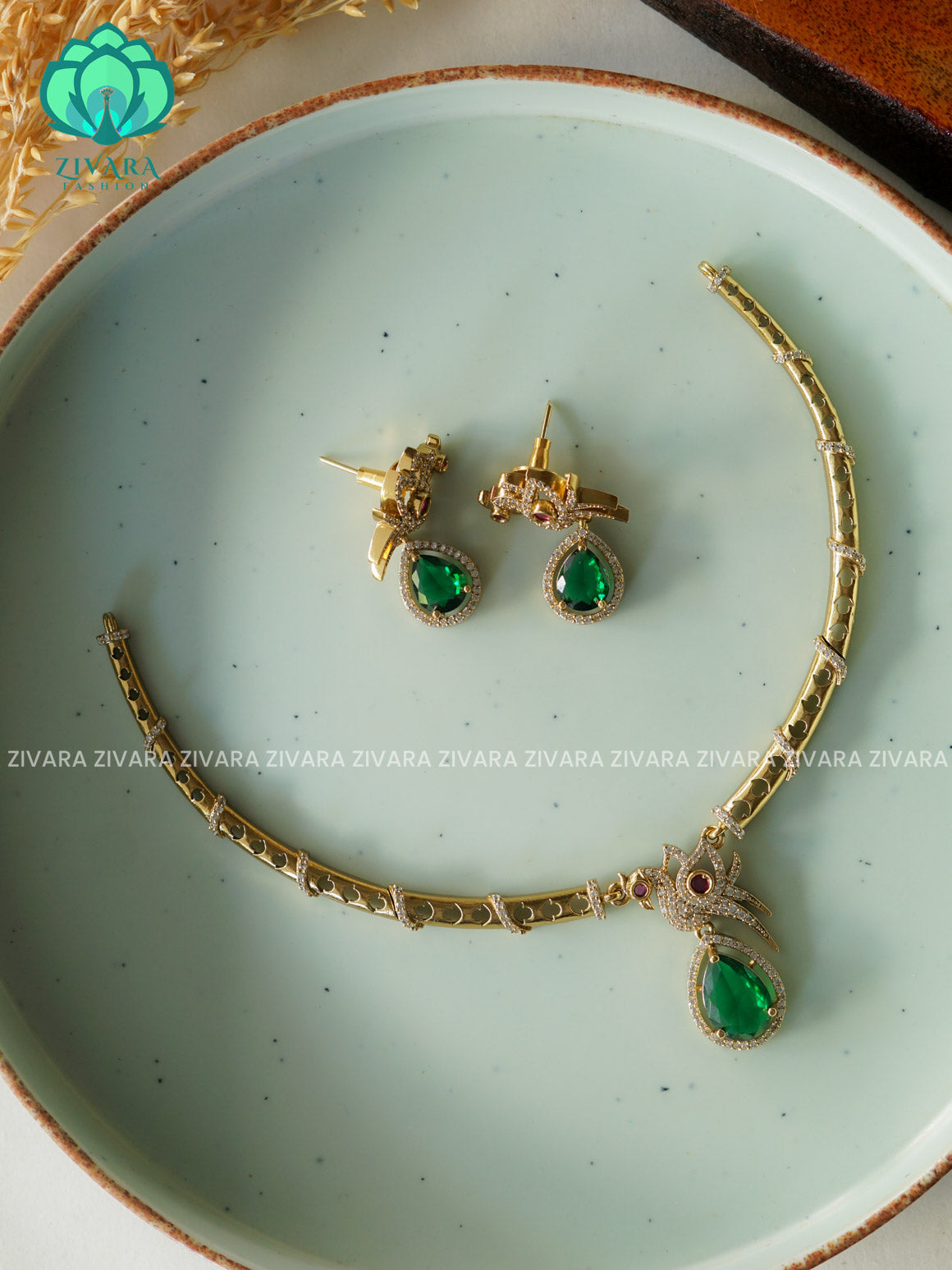 GREEN Simple parrot hasli - Traditional south indian premium neckwear with earrings- Zivara Fashion- latest jewellery design