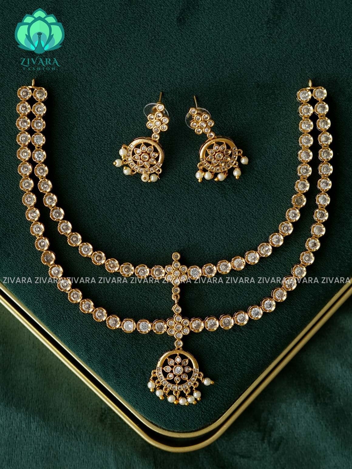 EVERGREEN STEP MATTE FINISH WHITE  stone attigai-Traditional south indian premium neckwear with earrings- Zivara Fashion- latest jewellery design.