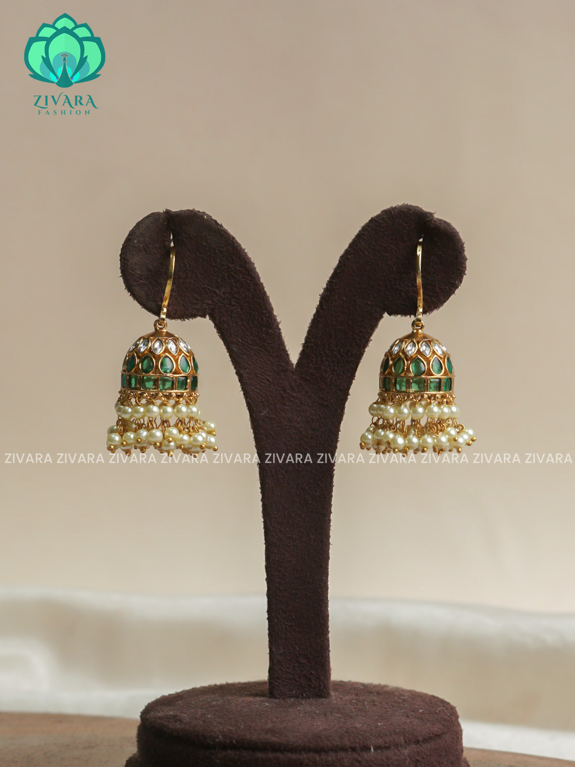 Green Polki  stone hook type - TRADITIONAL PREMIUM MATTE  polish JHUMKA- latest jewellery collection- zivara fashion