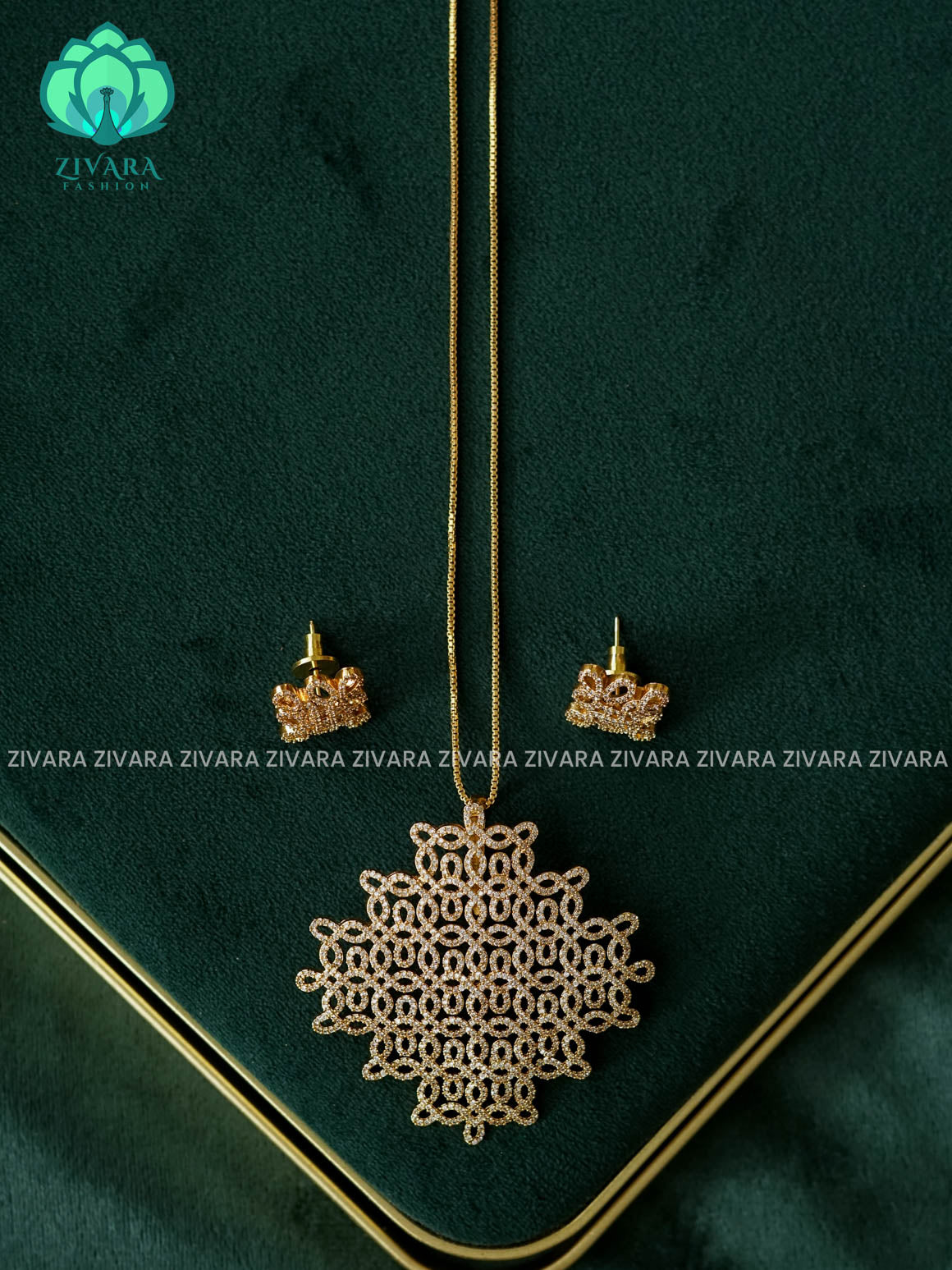 Zyra- Kolam- Diamond replica Gold polish-pendant set   -Trending office wear jewellery-Zivara fashion