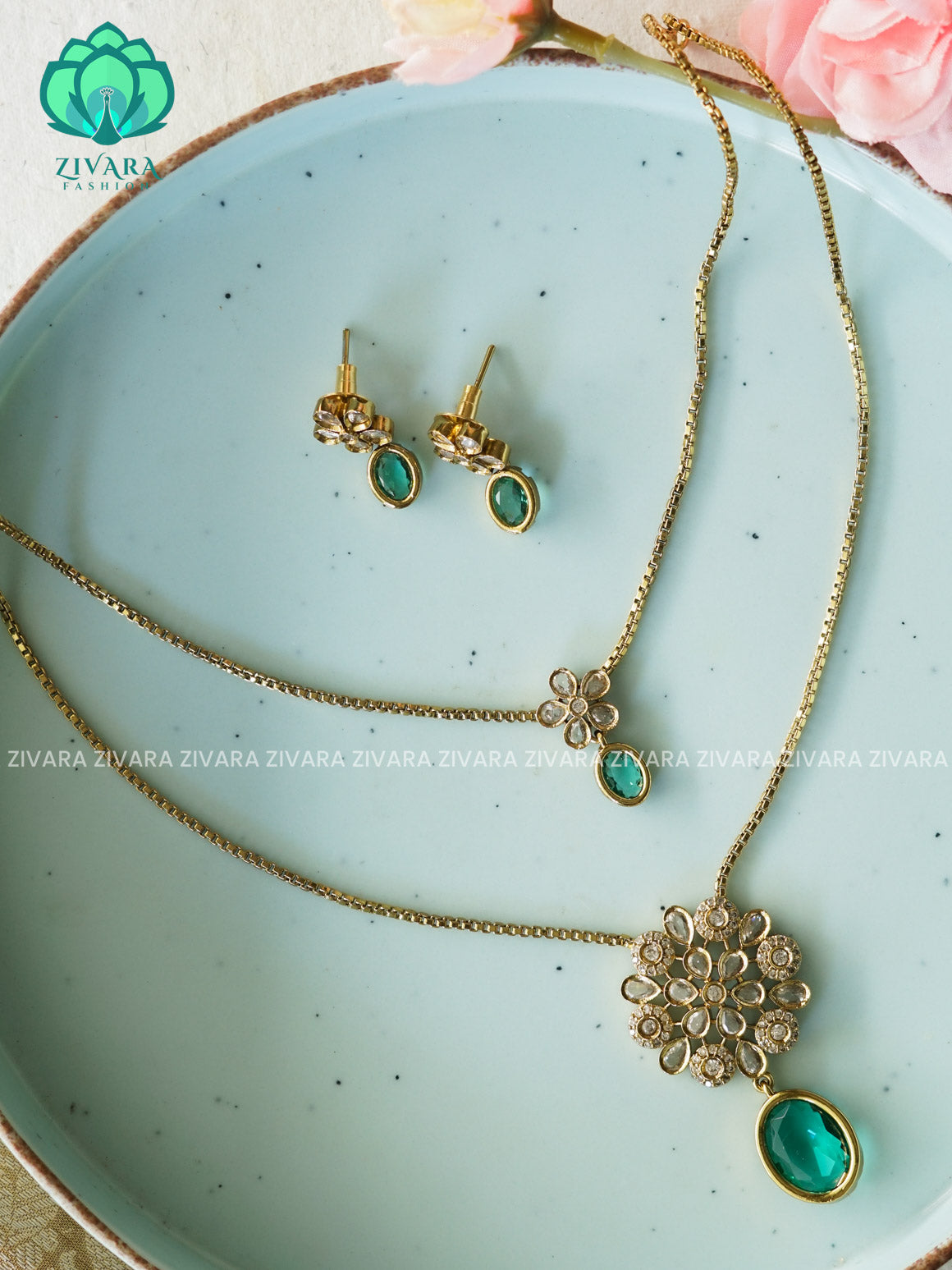 OCEAN GREEN - DOUBLE LAYER FLOWER THIN OVAL CHAIN  -Traditional south indian premium neckwear with earrings- Zivara Fashion- latest jewellery design