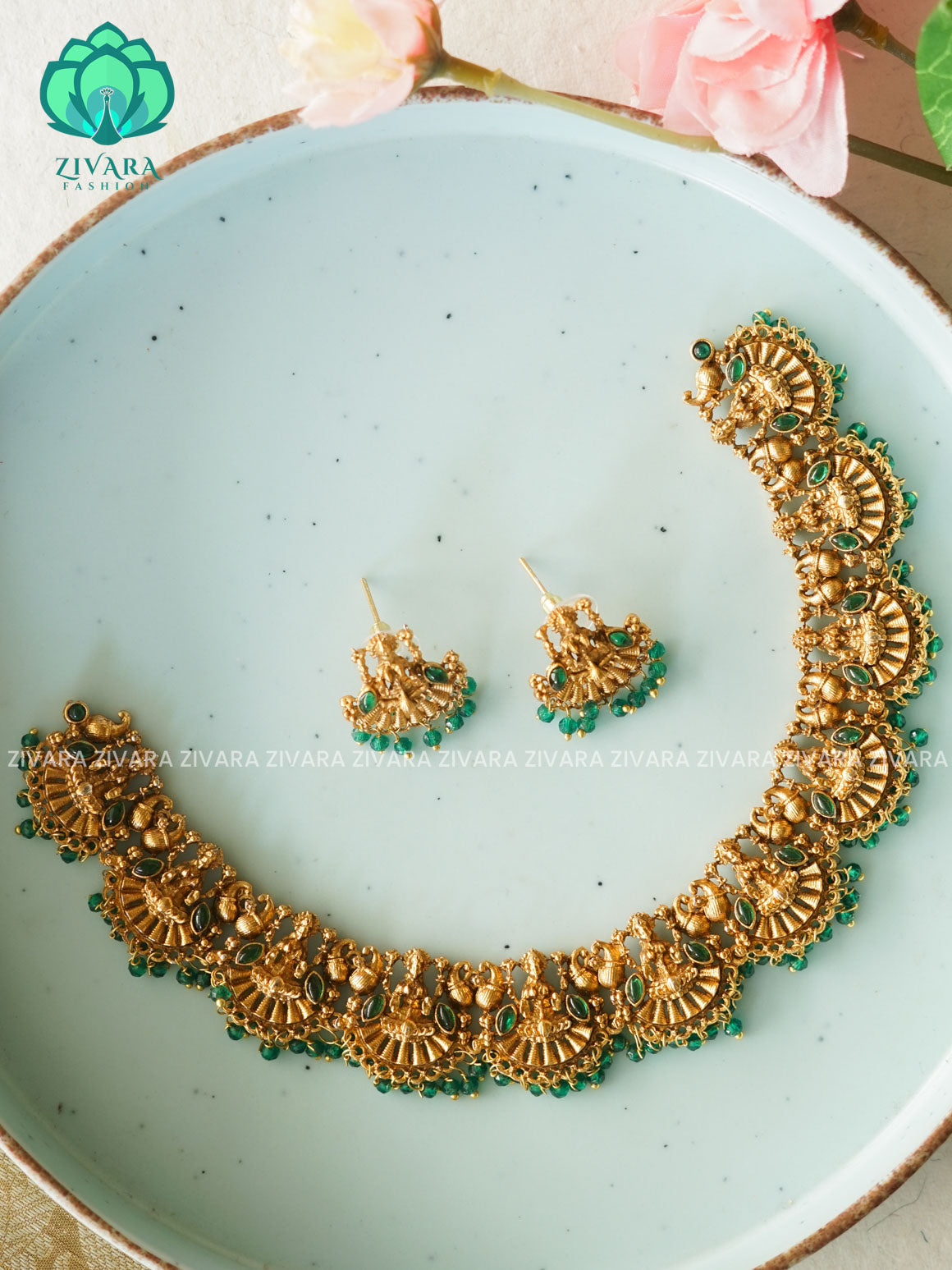 GREEN BEADS TEMPLE  - Normal matte NECKWEAR  with earrings-latest south indian jewellery