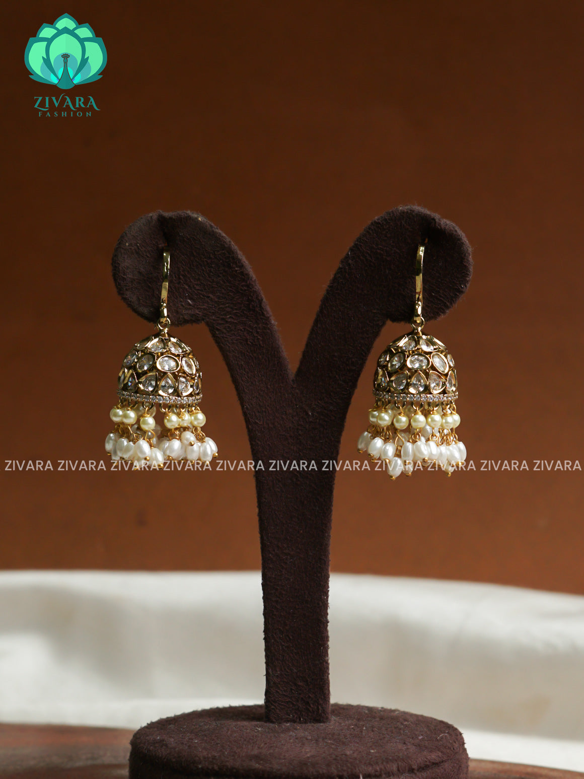 WHITE Polki stone hook type - TRADITIONAL PREMIUM MATTE  polish JHUMKA- latest jewellery collection- zivara fashion