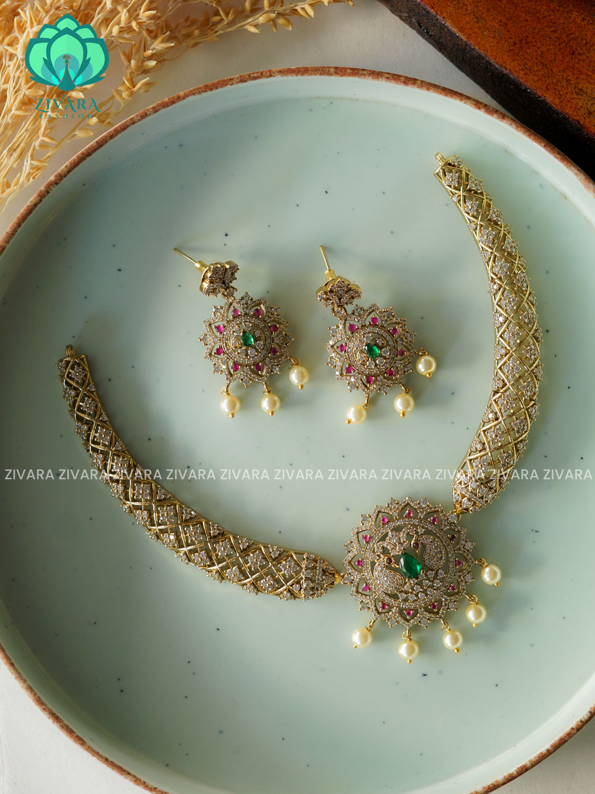 GREEN BRIDAL HASLI  -Traditional south indian premium neckwear with earrings- Zivara Fashion- latest jewellery design