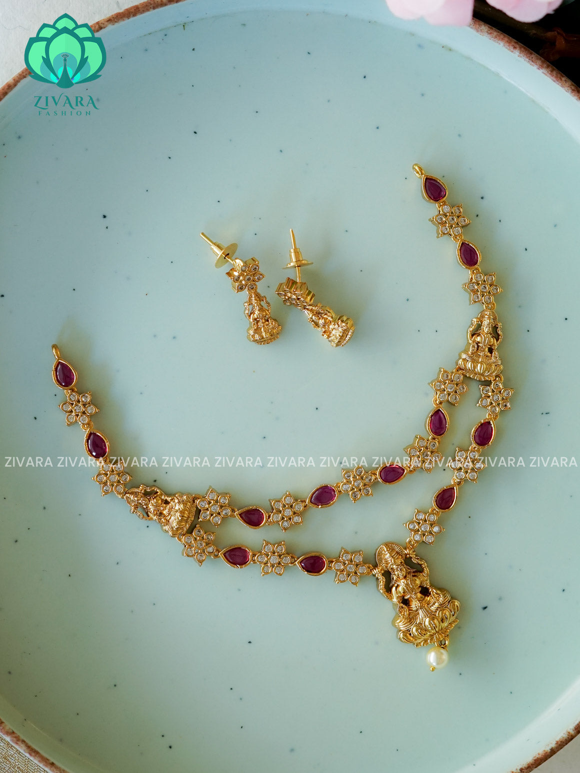 Ruby - Simple step temple - Traditional south indian premium neckwear with earrings- Zivara Fashion- latest jewellery design