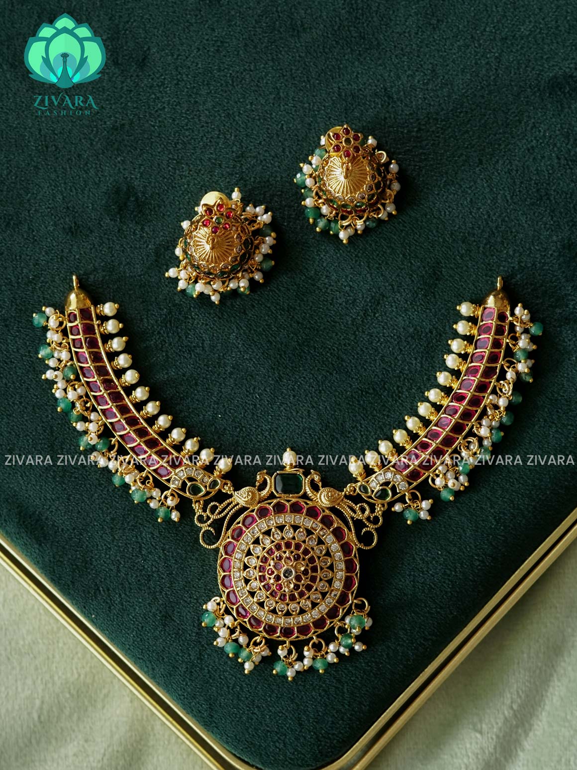 REAL KEMP BUTTA HASLI NECKLACE wity green beads hangings - Traditional south indian premium neckwear with earrings- Zivara Fashion- latest jewellery design