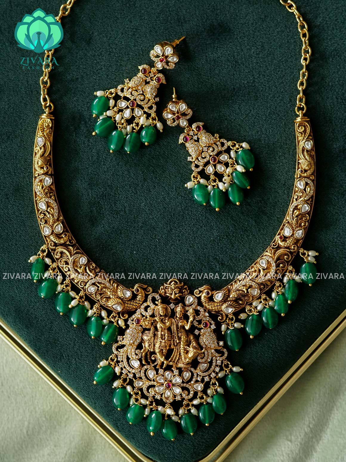 AKSHAYAM - RADHA KRISHNA NECKWEAR with green beads hangings - premium neckwear with earrings- Zivara Fashion- latest jewellery design