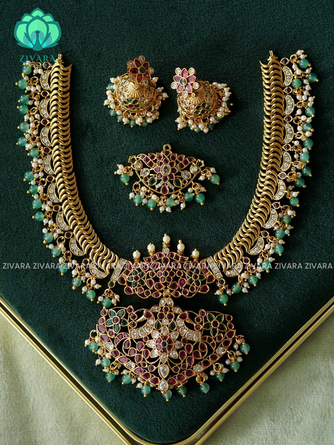 AKSHAYAM - BRIDAL HEAVY REAL KEMP WITH INTERCHANGEABLE PENDANT NECKWEAR  - premium neckwear with earrings- Zivara Fashion- latest jewellery design