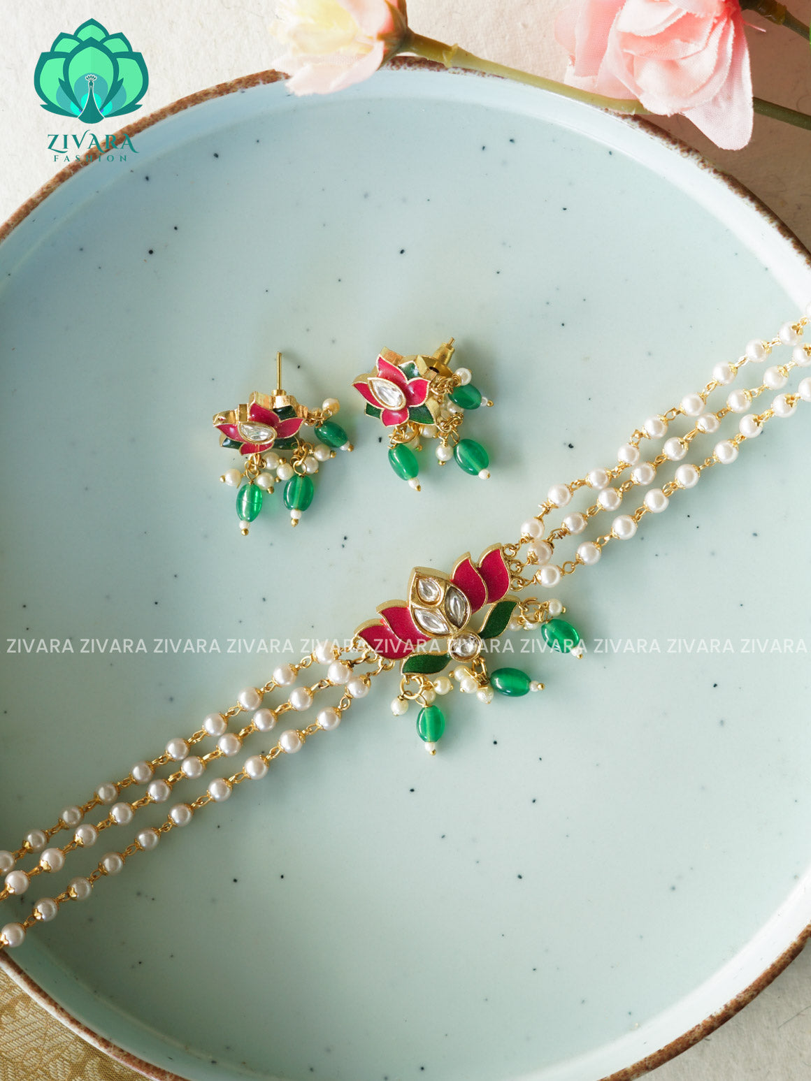 Green beads Lotus choker 3 line HANDMADE COLLECTION WITH EARRINGS- LATEST JEWELLERY COLLECTION