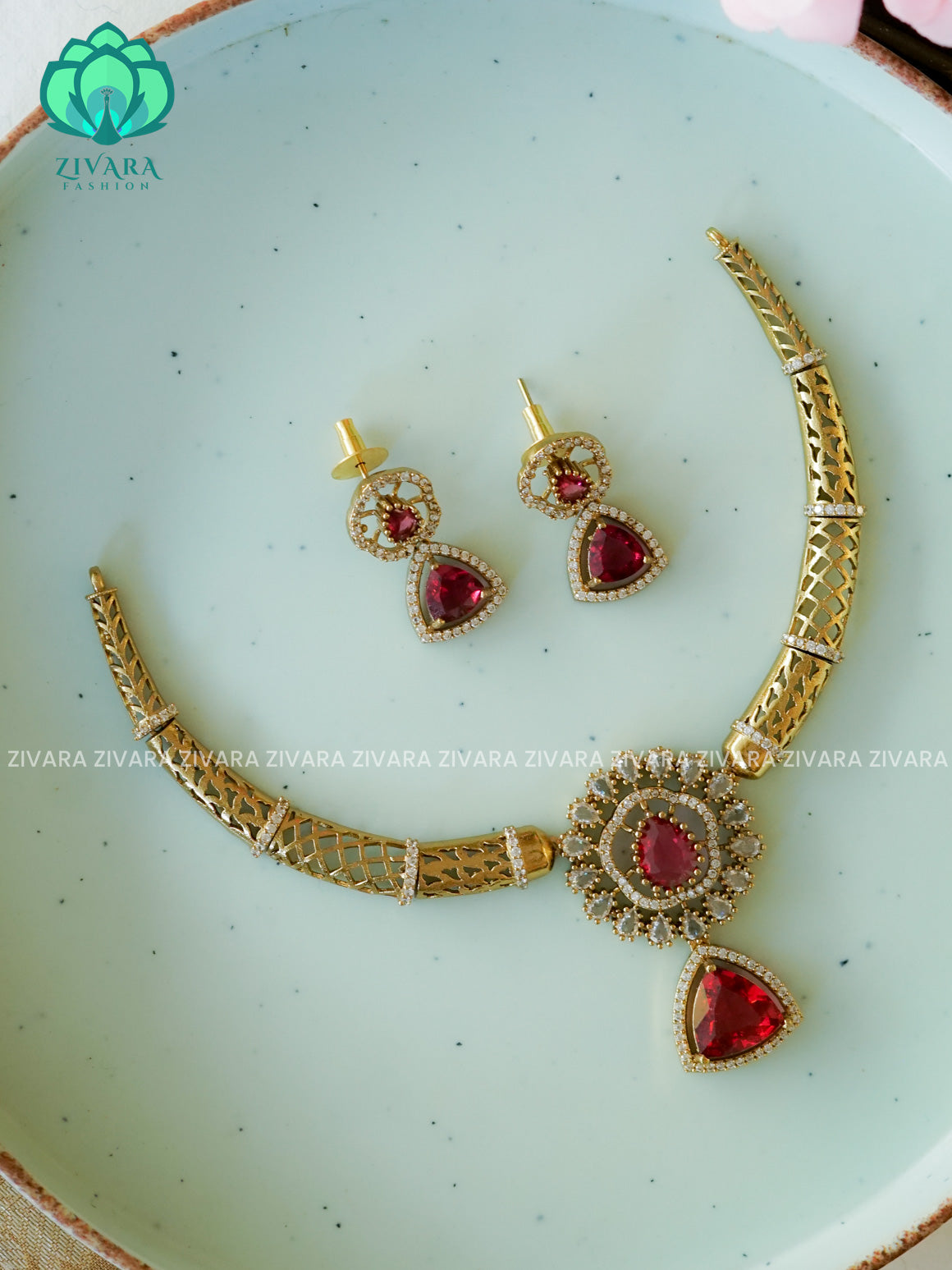 RUBY  - TRIANGLE PENDANT HASLI - Traditional south indian premium neckwear with earrings- Zivara Fashion- latest jewellery desigN