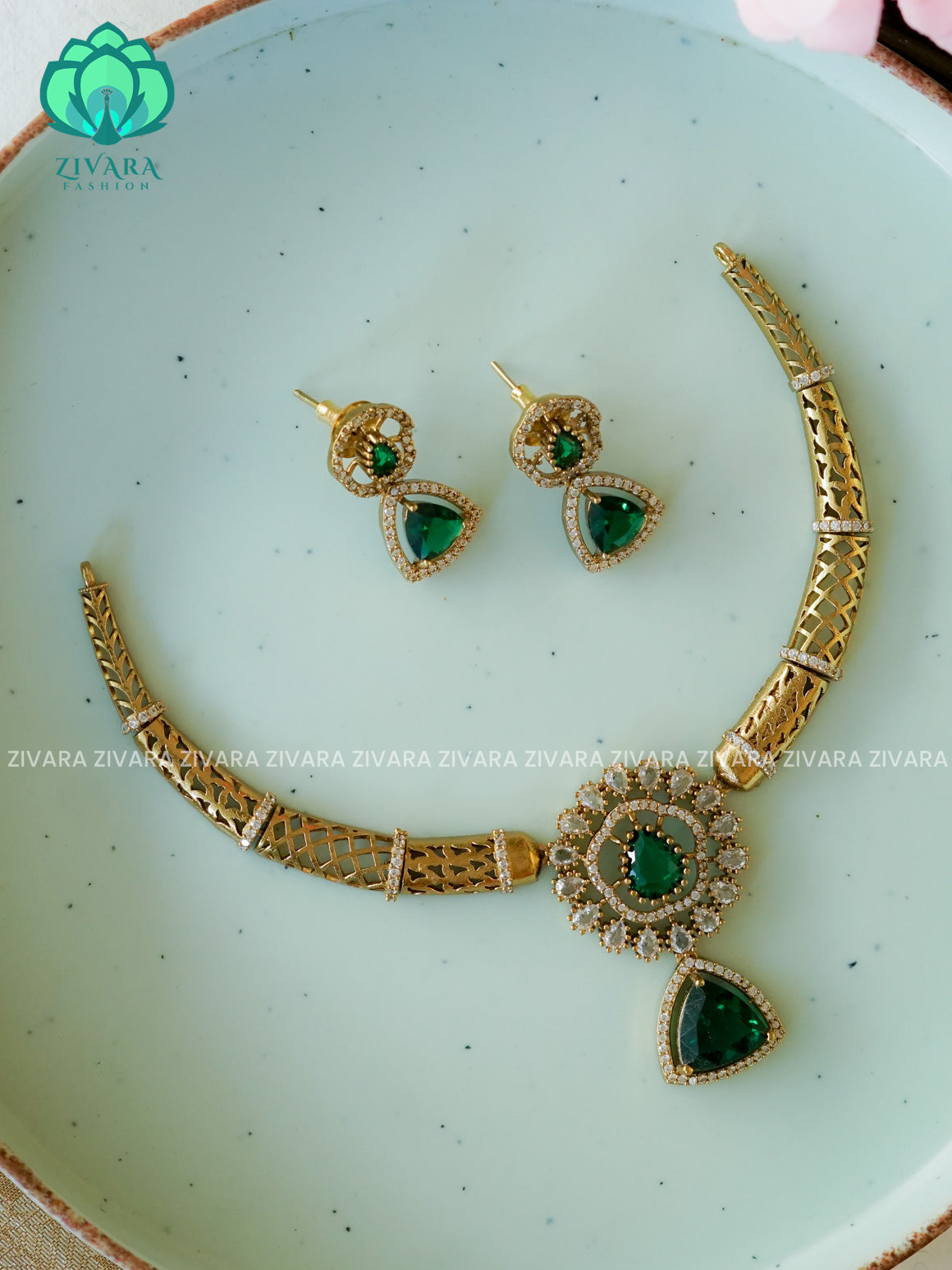 GREEN - TRIANGLE PENDANT HASLI - Traditional south indian premium neckwear with earrings- Zivara Fashion- latest jewellery desigN