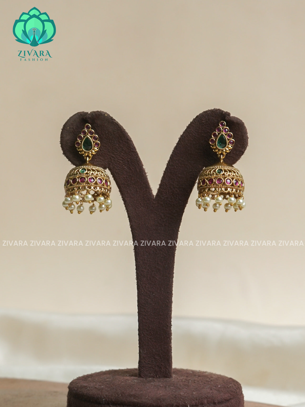 Ruby and green stone  Medium sized - TRADITIONAL PREMIUM MATTE  polish JHUMKA- latest jewellery collection- zivara fashion