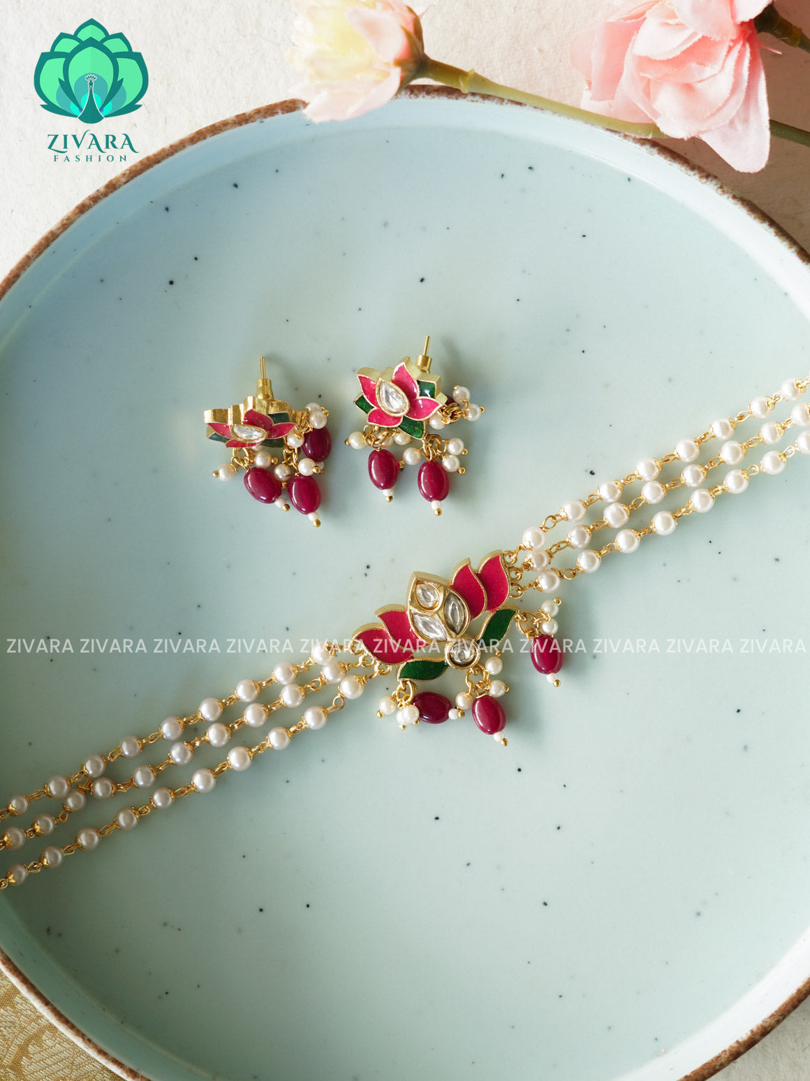 Ruby  beads Lotus choker 3 line HANDMADE COLLECTION WITH EARRINGS- LATEST JEWELLERY COLLECTION
