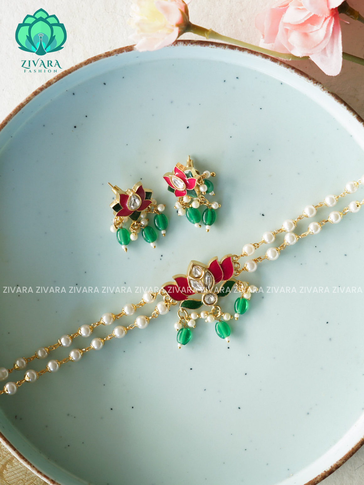 Green beads Lotus choker 2 line HANDMADE COLLECTION WITH EARRINGS- LATEST JEWELLERY COLLECTION