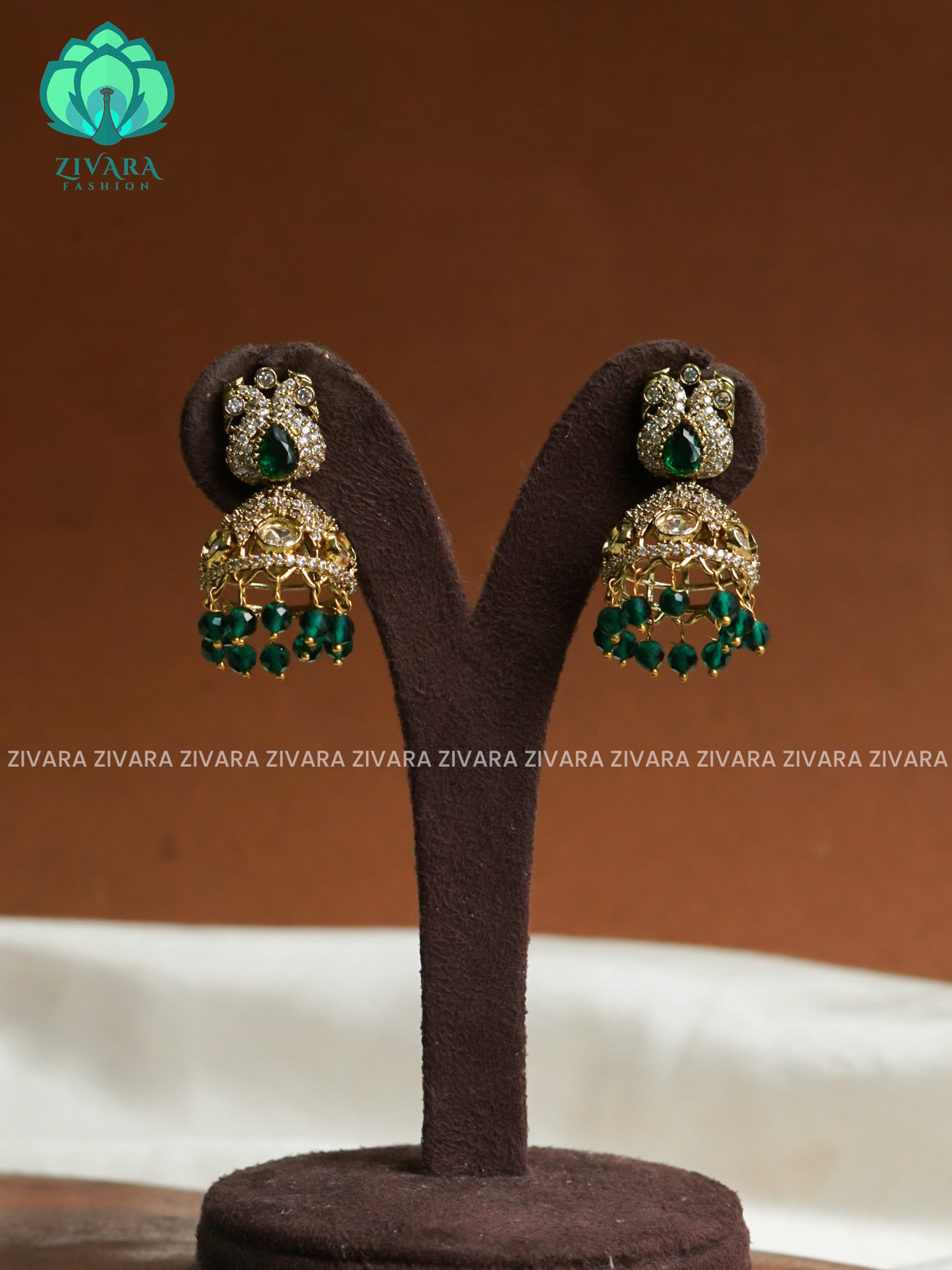 Dark green  - Peacock Victoria dark finish  stone medium size jhumka (3 INCHES) - TRADITIONAL PREMIUM  JHUMKA- latest jewellery collection- zivara fashion