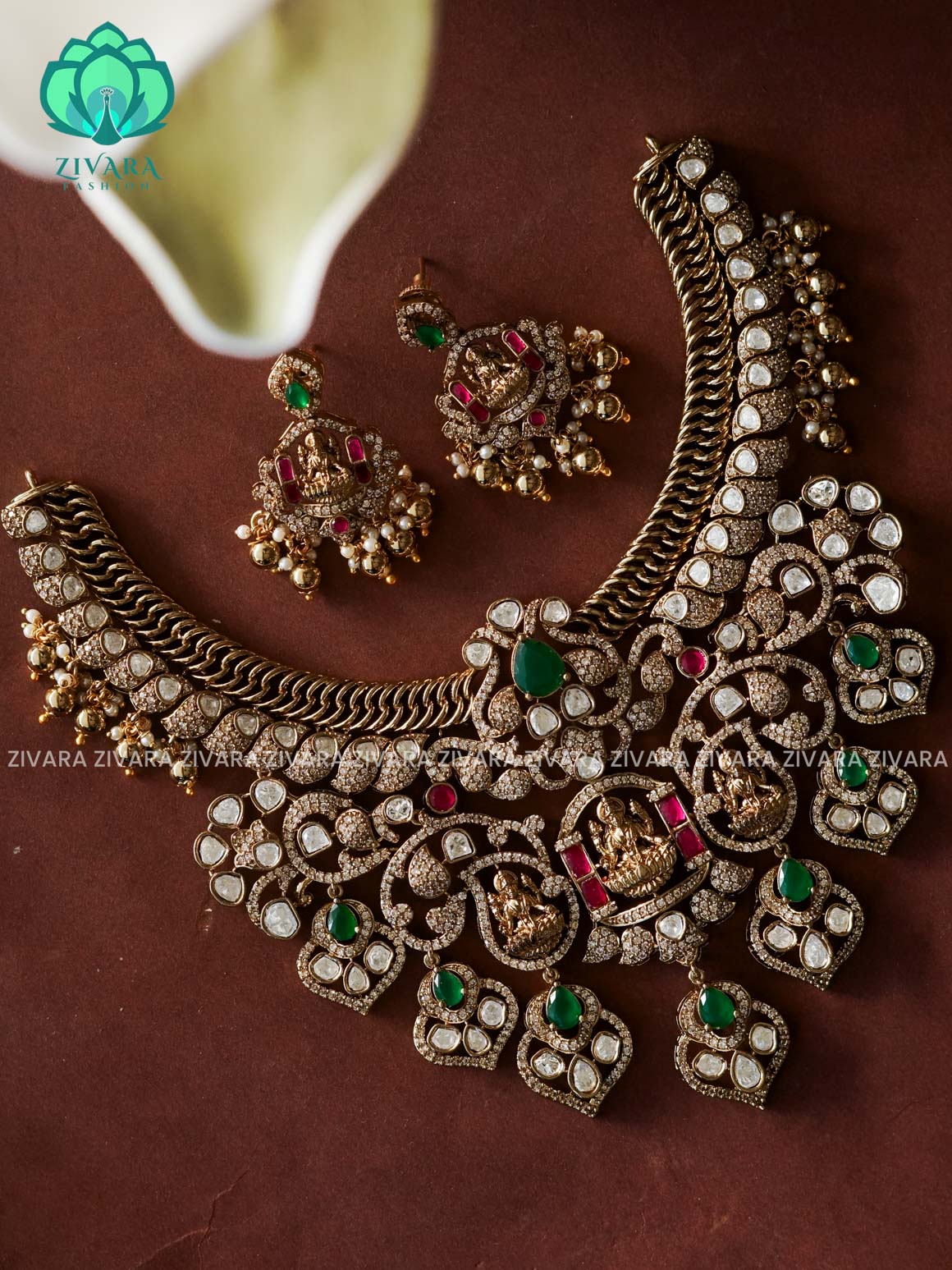 GRAND BRIDAL JADAU POLKI STONE - Traditional south indian premium neckwear with earrings- Zivara Fashion- latest jewellery design