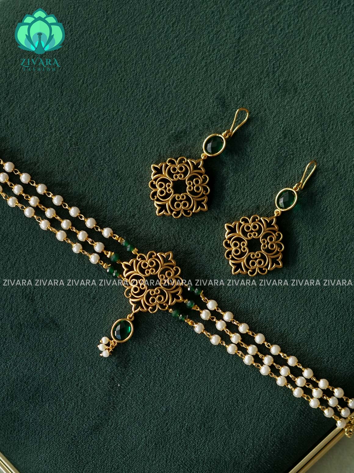 GREEN OVAL STONE PEARL CHOKER  -  TRADITIONAL CHOKER COLLECTION WITH EARRINGS- LATEST JEWELLERY COLLECTION