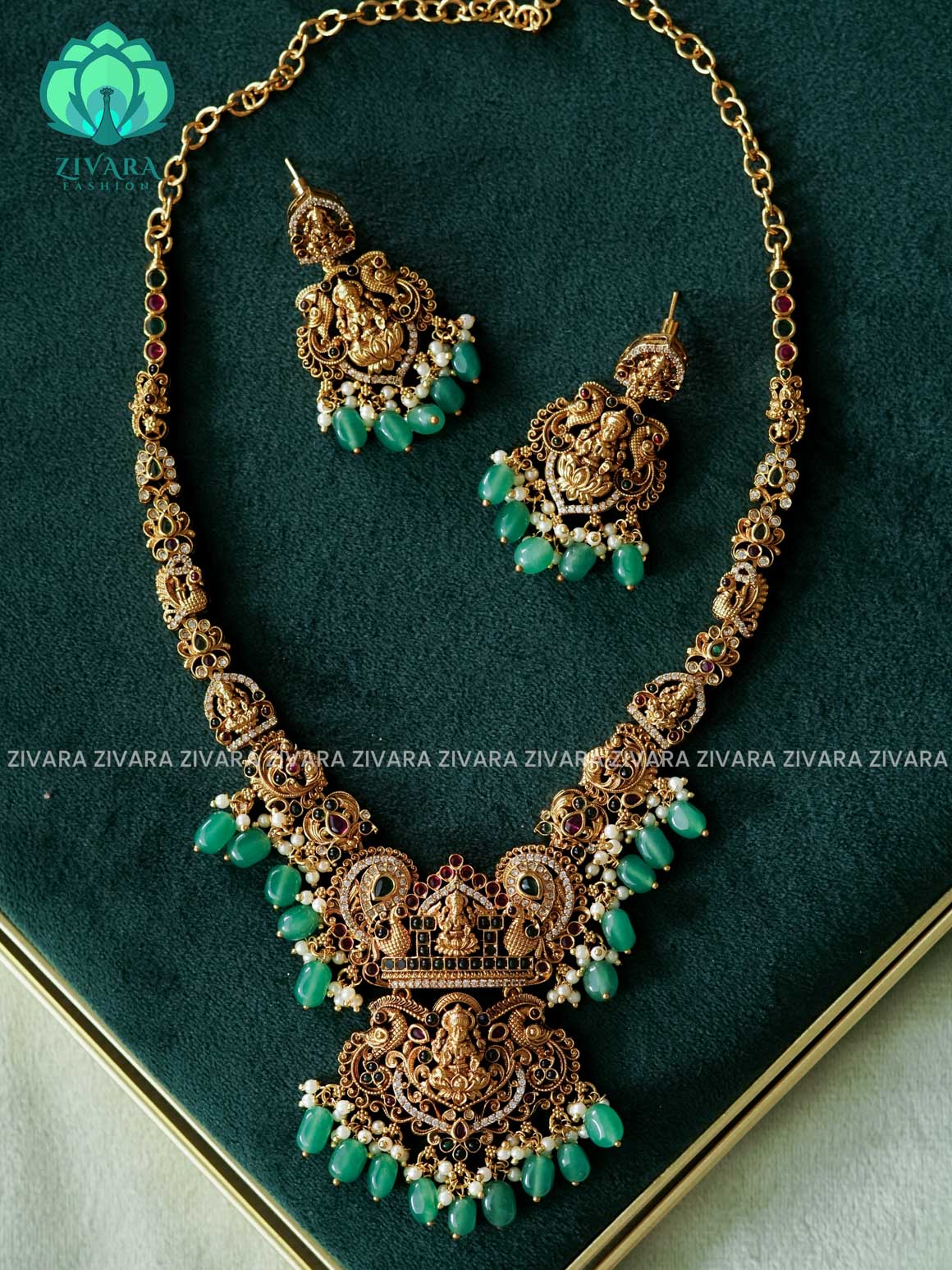 Akshayam-  temple neckwear with green beads hangings  - Traditional south indian premium neckwear with earrings- Zivara Fashion- latest jewellery design