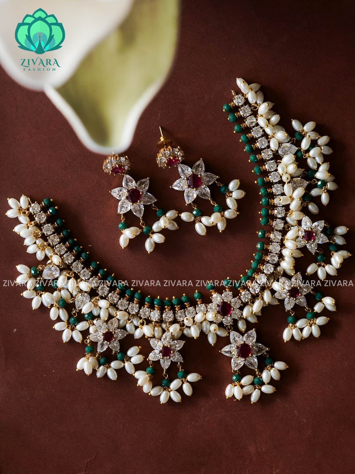 TRENDING GUTTAPUSALU GREEN BEADS -PREMIUM SUBTLE GOLD FINISH  stylish and minimal elegant neckwear with earrings- Zivara Fashion