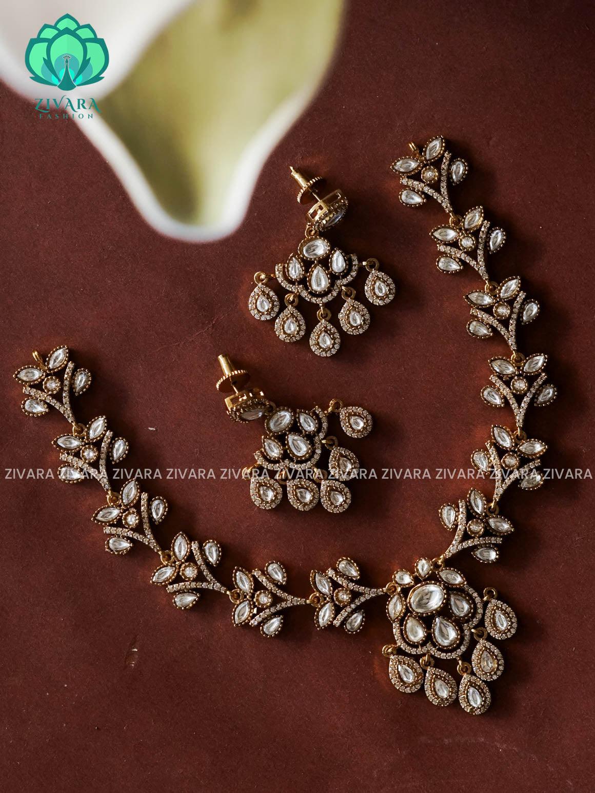 WHITE VICTORIAN POLISH NECKLACE WITH EARRINGS  - Zivara Fashion- latest jewellery desigN