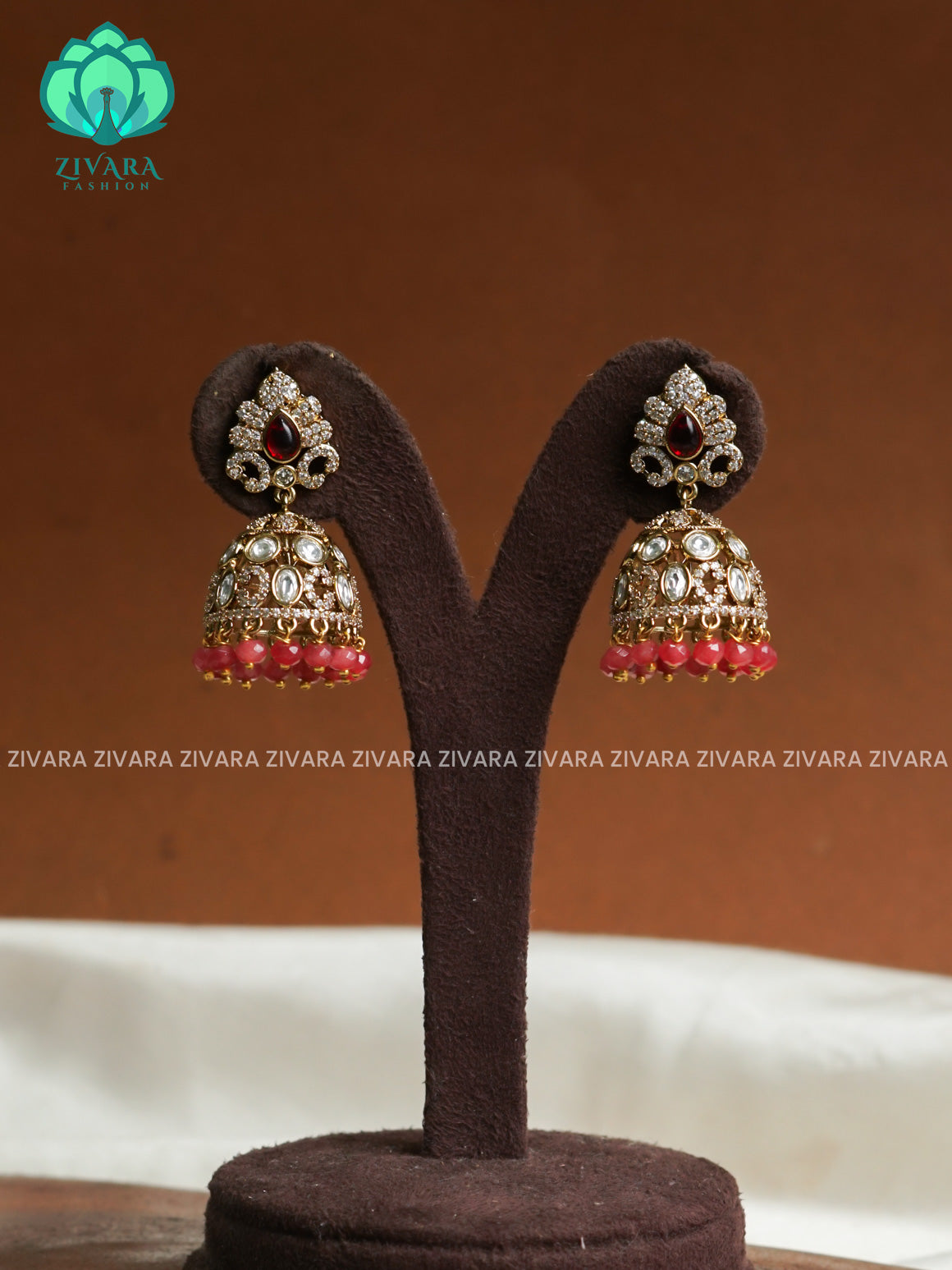 RUBY - Peacock Victoria dark finish  stone medium size jhumka (3 INCHES) - TRADITIONAL PREMIUM  JHUMKA- latest jewellery collection- zivara fashion