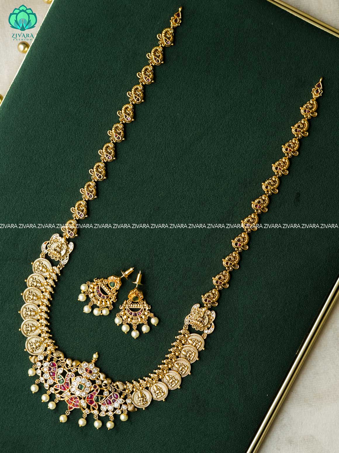 AKSHAYAM -  BRIDAL PEACOCK WITH COIN  - Traditional south indian premium  MIDCHEST haaram with earrings- Zivara Fashion