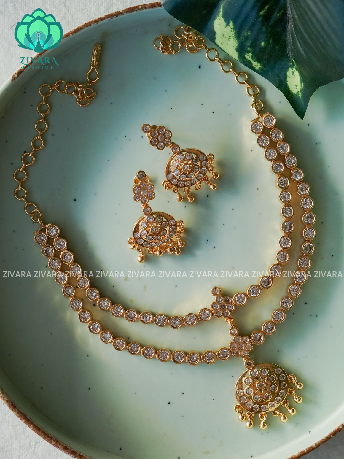 EVERGREEN STEP MATTE FINISH WHITE  stone attigai-Traditional south indian premium neckwear with earrings- Zivara Fashion- latest jewellery design.