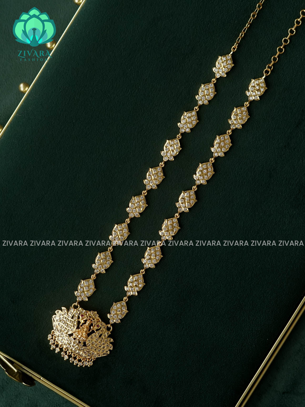 AMBIGAI -  WHITE STONE  MICROGOLD POLISH LONG HAARAM  with premium gold polish -Traditional south indian premium neckwear without earrings- Zivara Fashion- latest jewellery design