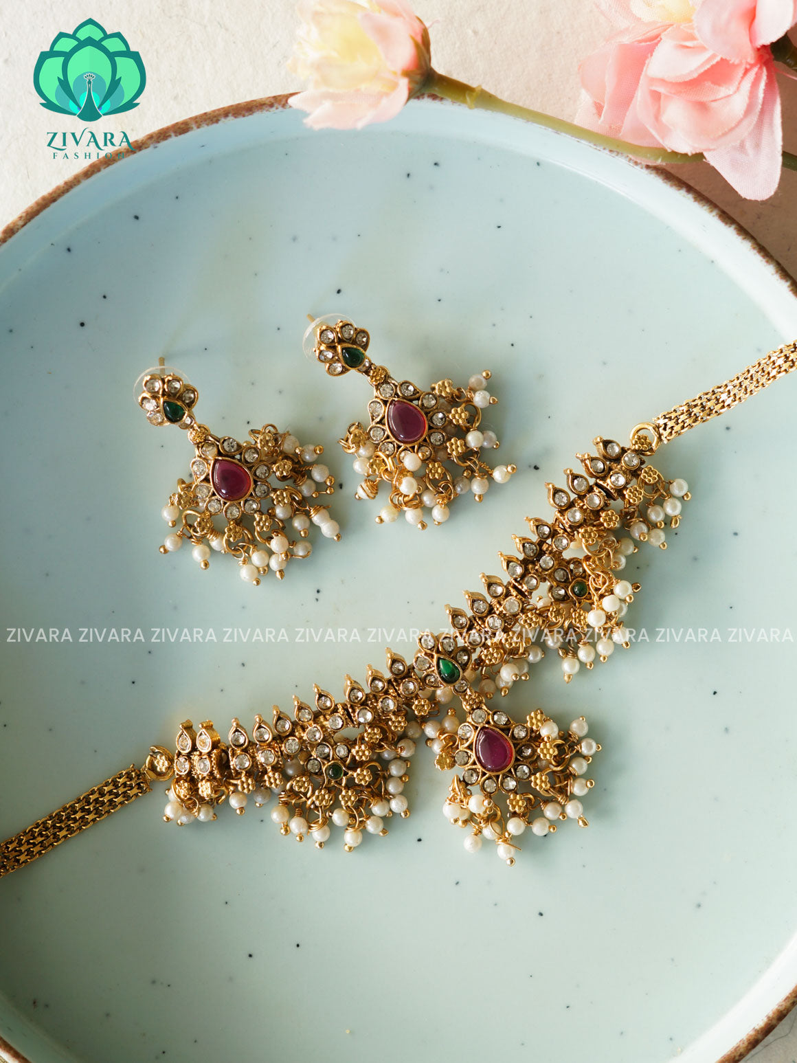 GUTTA PUSALU NORMAL MATTE  choker with earrings-latest south indian jewellery