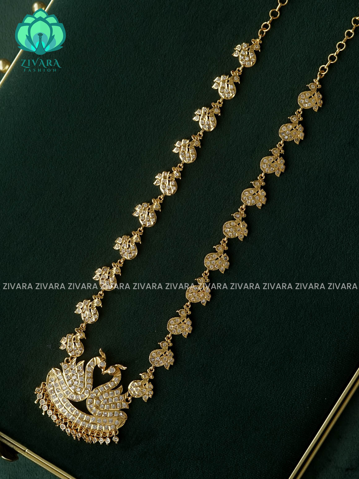 AMBIGAI -  WHITE STONE  MICROGOLD POLISH LONG HAARAM   -Traditional south indian premium HAARAM- Zivara Fashion- latest jewellery design