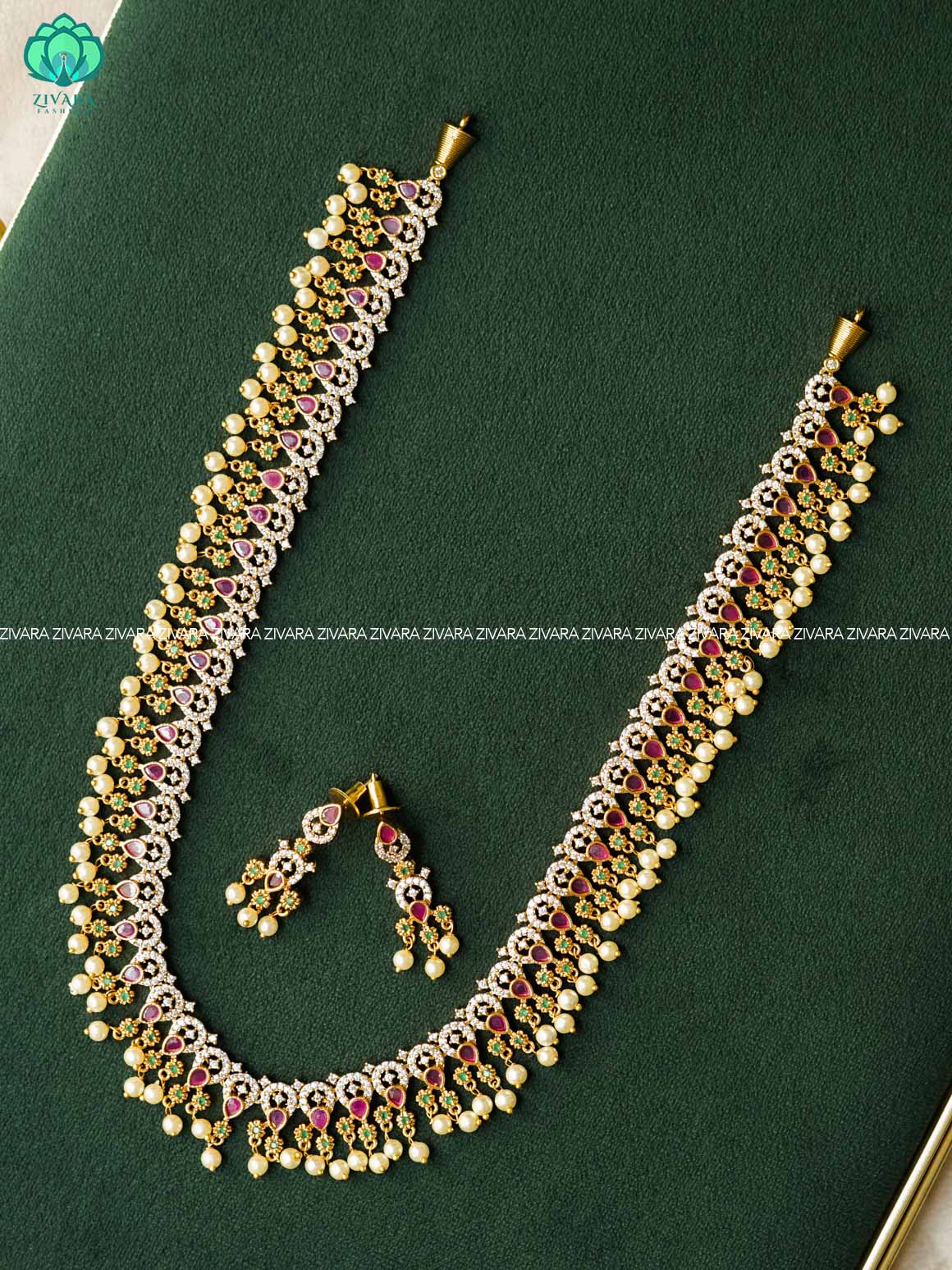 RUBY AND GREEN MOTIF FREE -  Traditional premium long haaram/neckwear with earrings- Zivara Fashion