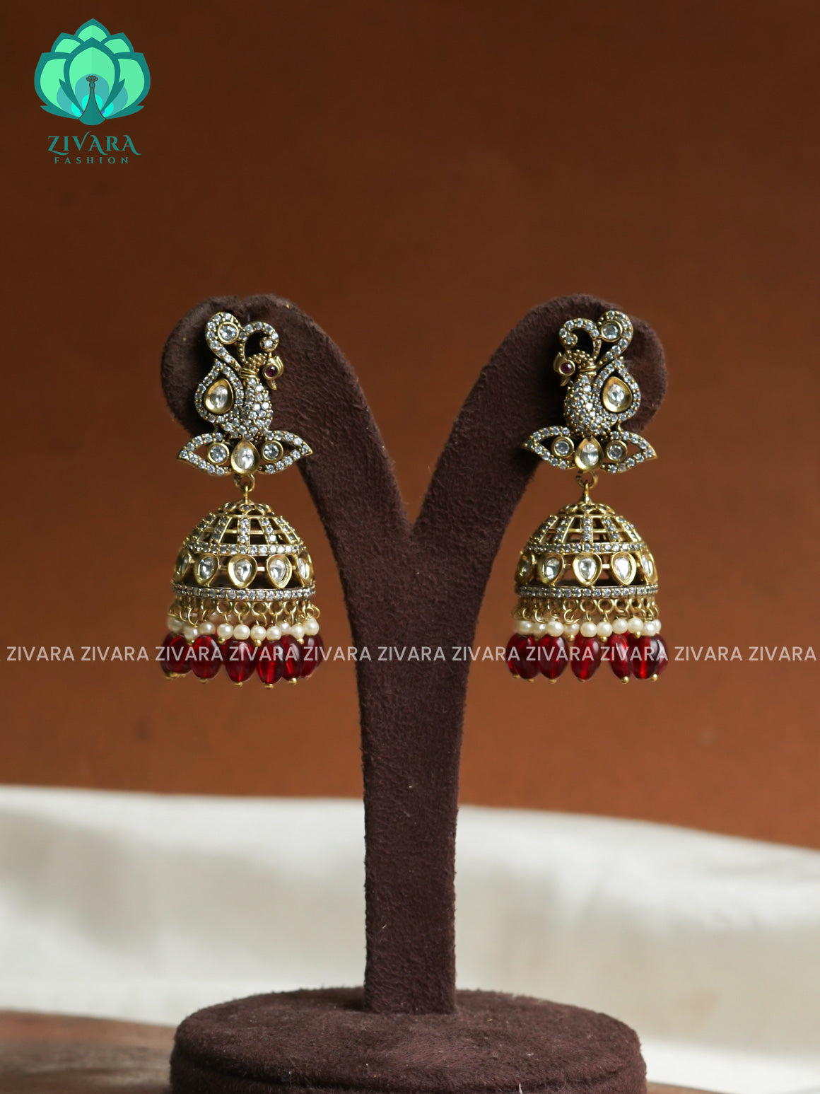 Ruby  - Peacock Victoria dark finish  stone medium size jhumka (3 INCHES) - TRADITIONAL PREMIUM  JHUMKA- latest jewellery collection- zivara fashion