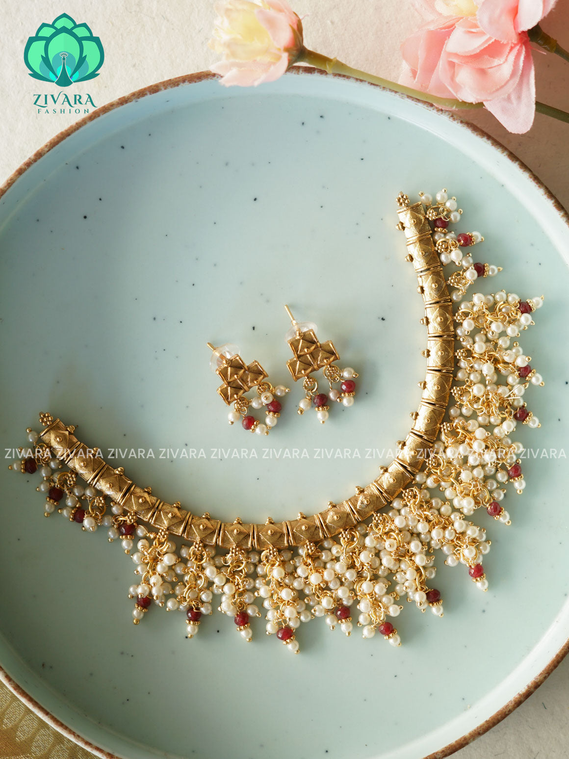 RUBY BEADS  GUTTAPUSALU  - Traditional south indian NORMAL MATTE neckwear with earrings - Zivara Fashion