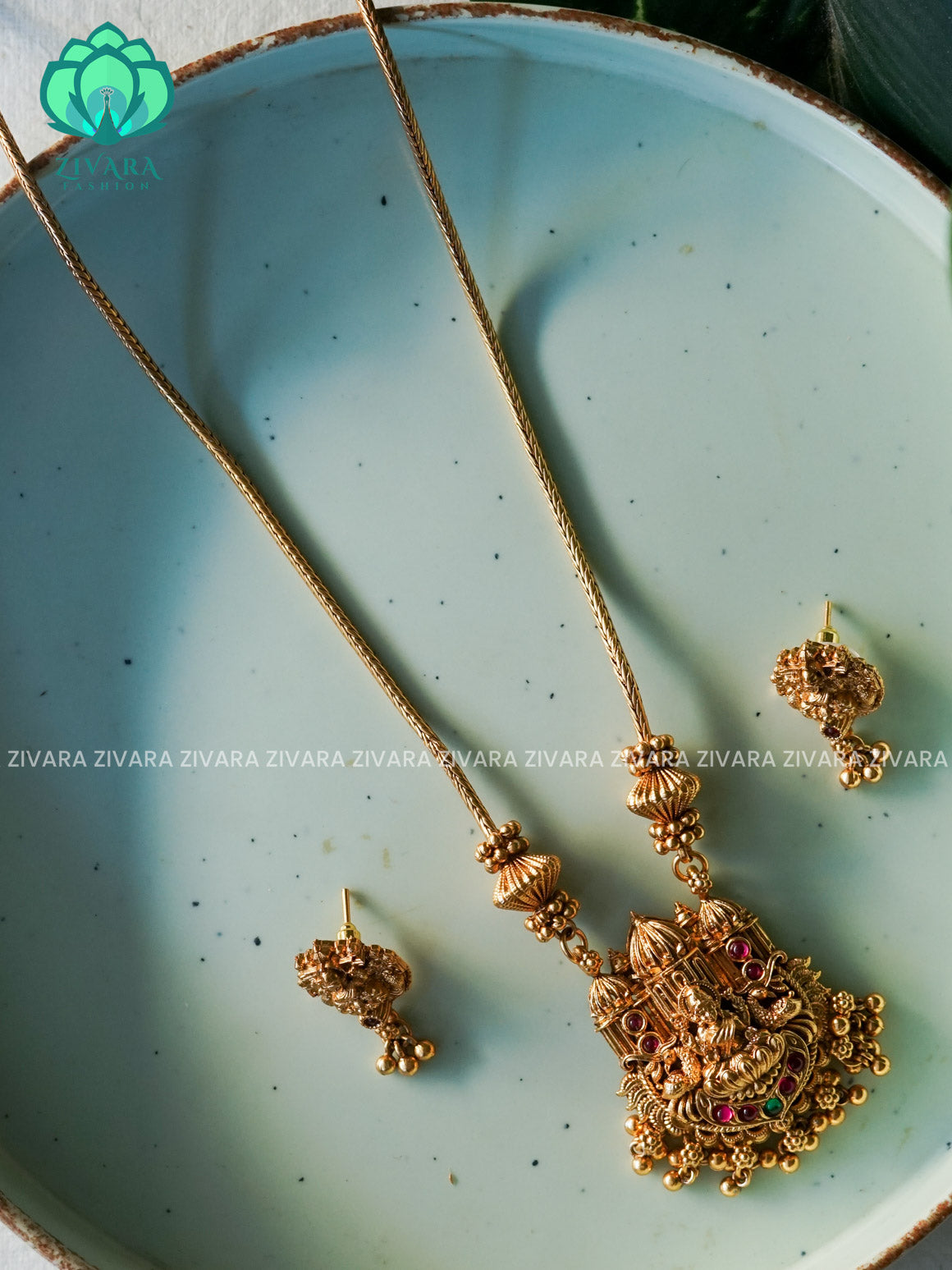 TEMPLE PENDANT with Flexible chain - Traditional south indian NORMAL MATTE neckwear with earrings - Zivara Fashion