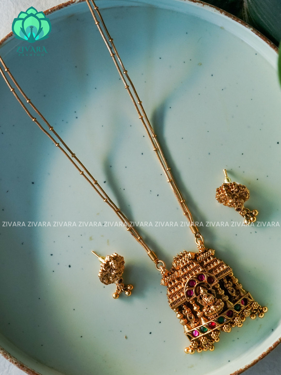 TEMPLE PENDANT with Flexible chain - Traditional south indian NORMAL MATTE neckwear with earrings - Zivara Fashion