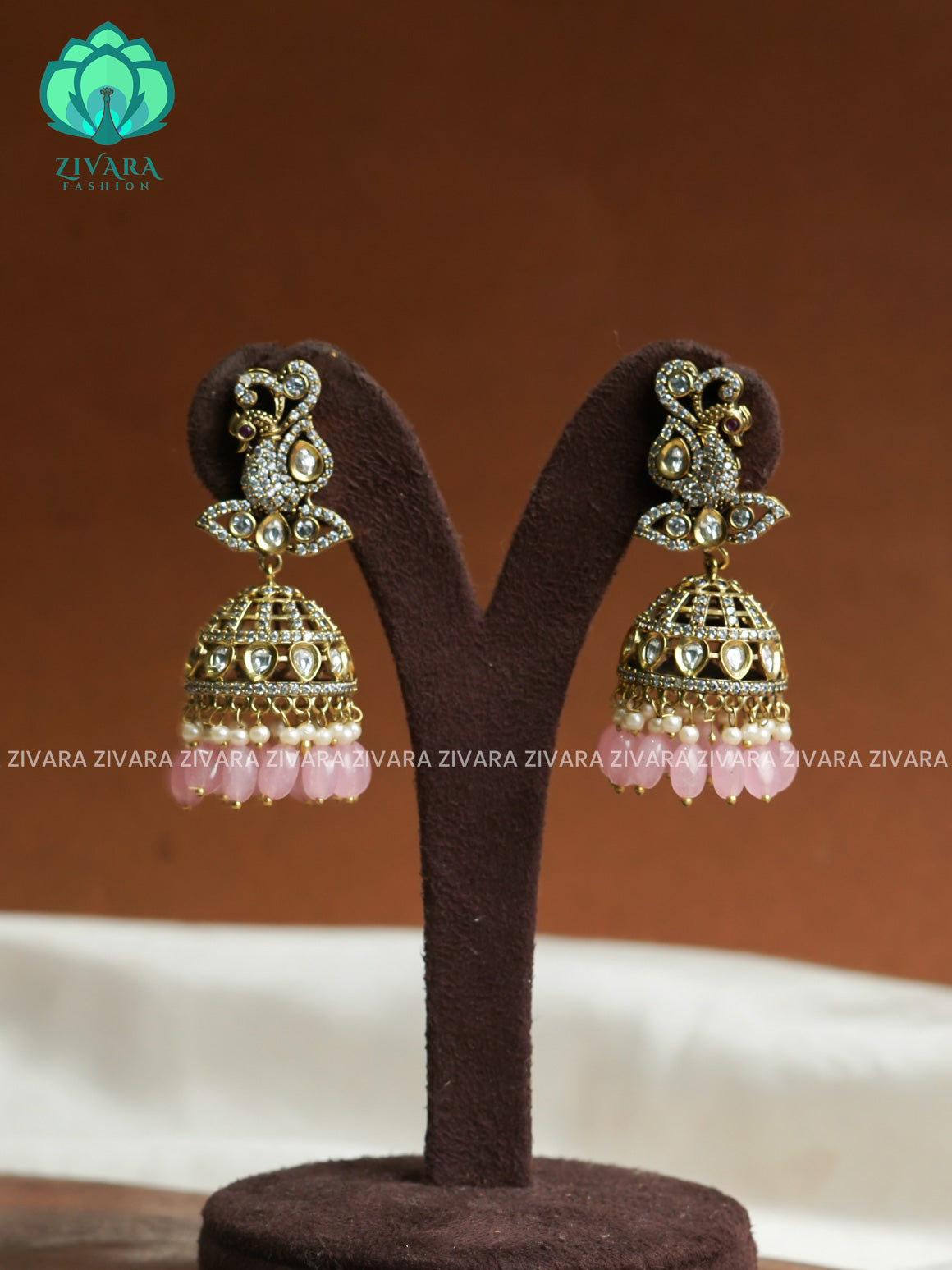 Pastel pink  - Peacock Victoria dark finish  stone medium size jhumka (3 INCHES) - TRADITIONAL PREMIUM  JHUMKA- latest jewellery collection- zivara fashion