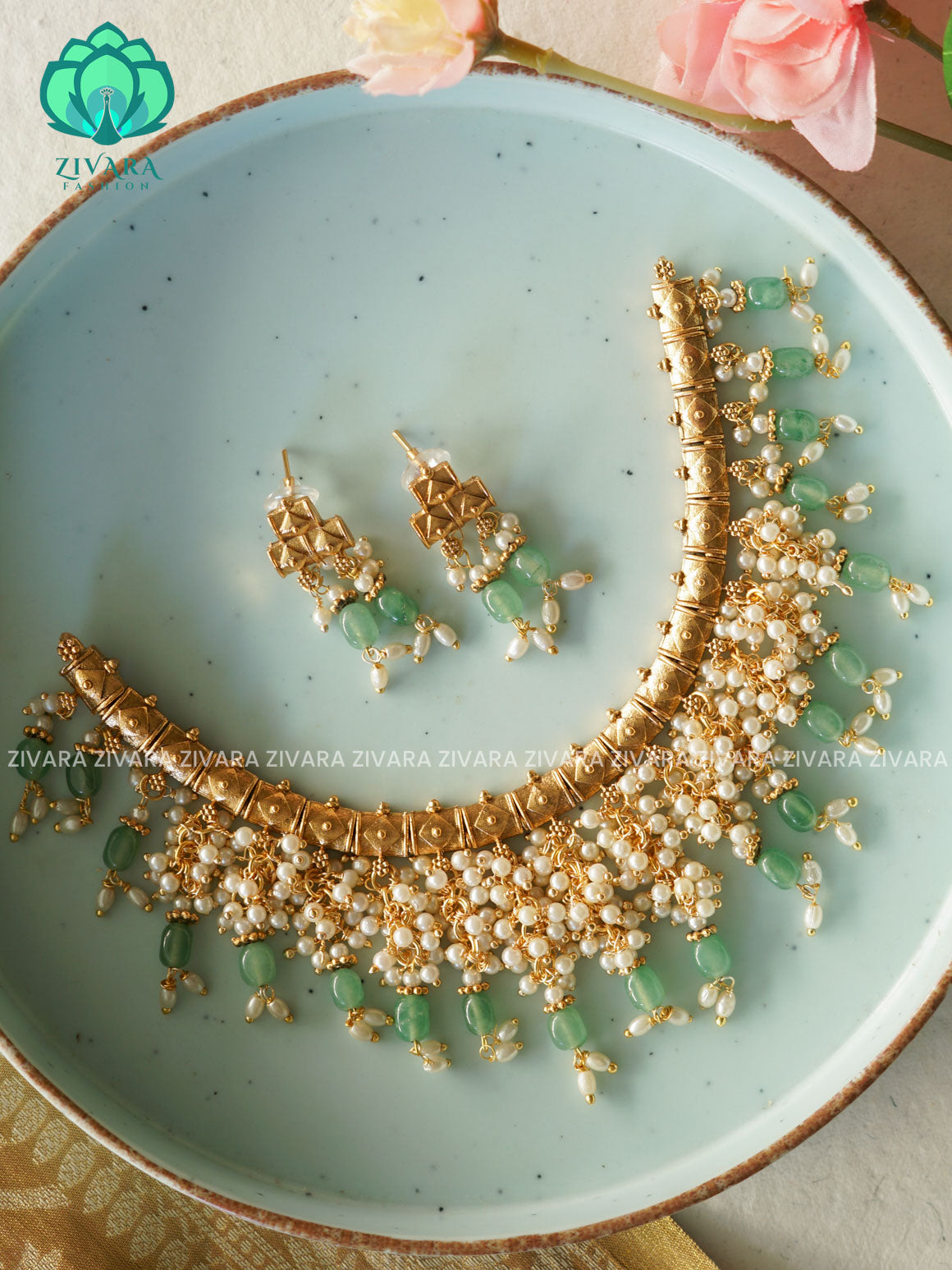 GREEN BEADS  GUTTAPUSALU  - Traditional south indian NORMAL MATTE neckwear with earrings - Zivara Fashion
