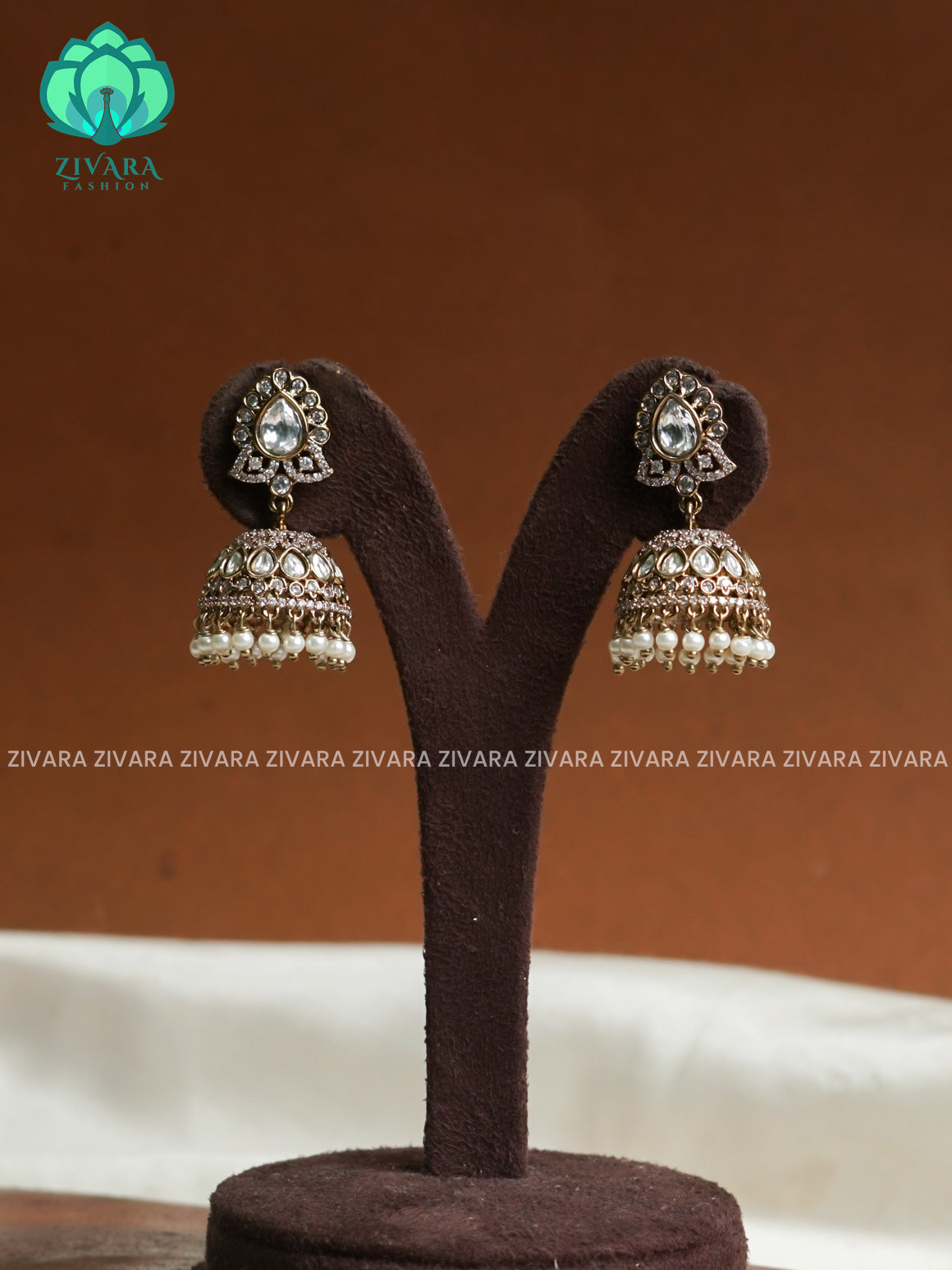 white   - Victoria dark finish  stone medium size jhumka  - TRADITIONAL PREMIUM  JHUMKA- latest jewellery collection- zivara fashion