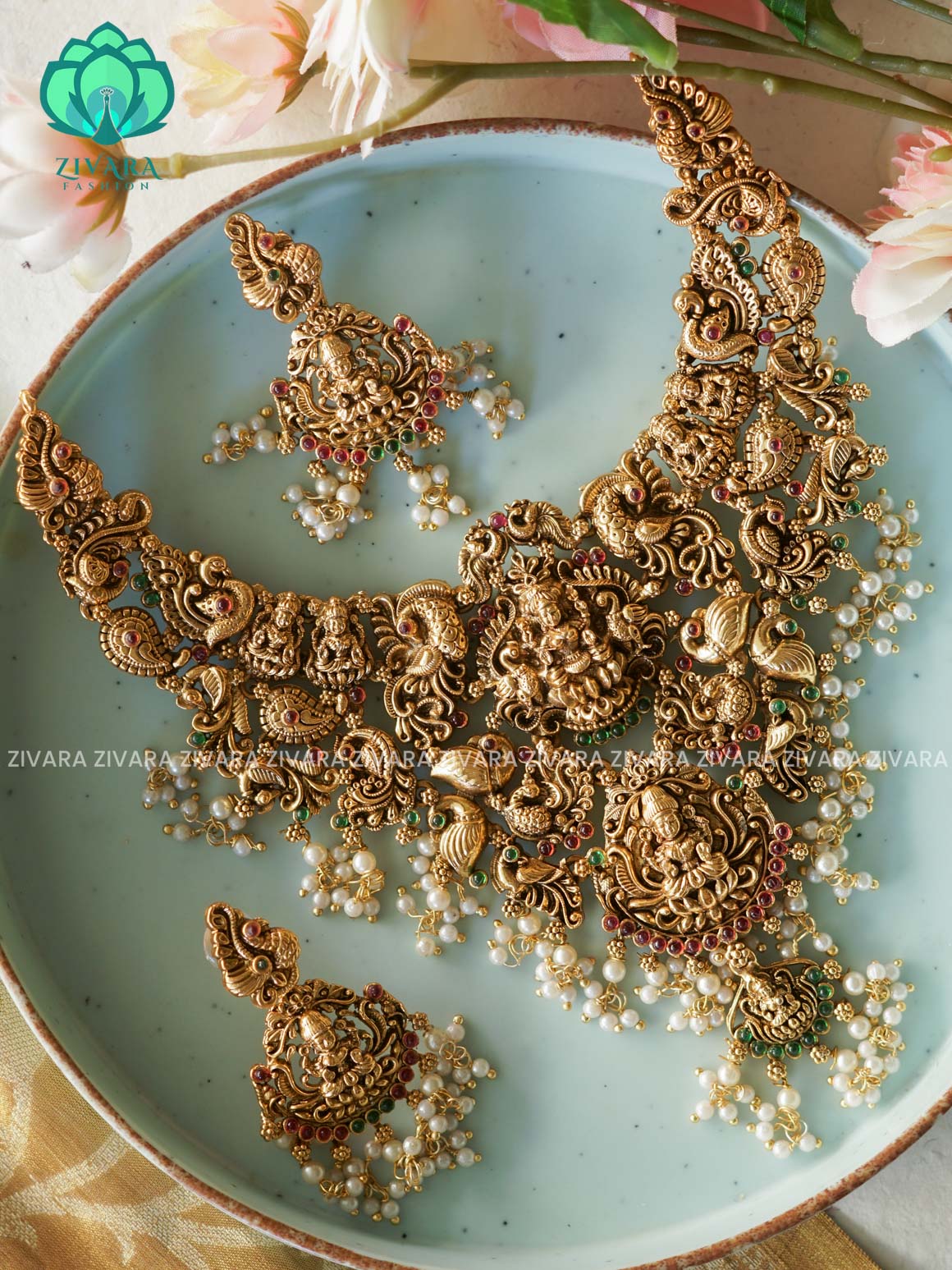 TEMPLE HEAVY BRIDAL    - Traditional south indian NORMAL MATTE neckwear with earrings- Zivara Fashion- latest jewellery design